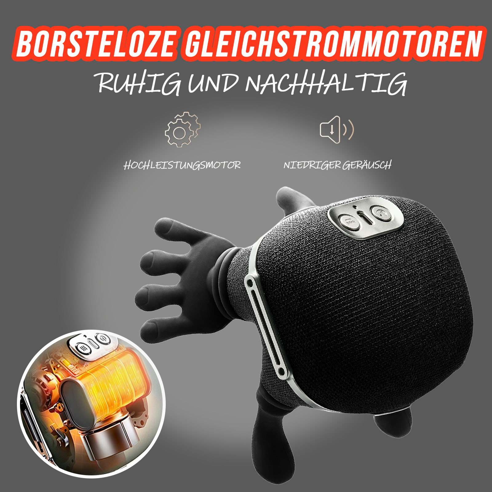 Ein schwarzes Gerät mit einer Hand, Text auf Deutsch. Zeigt einen Motor mit warmem Glühen. Der Hintergrund ist grau.