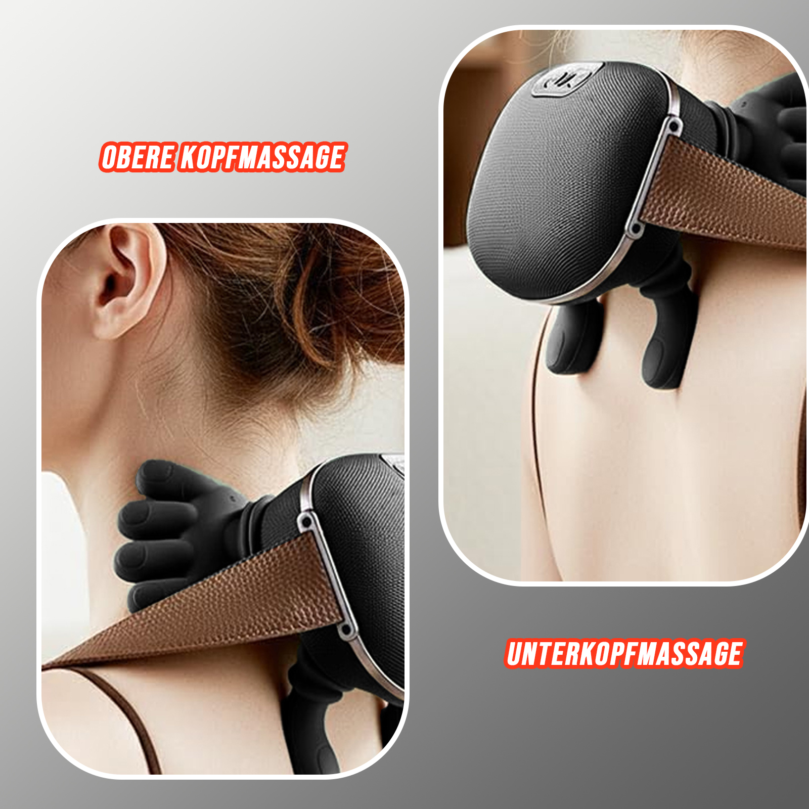 Eine Person benutzt ein Nackenmassagegerät. Es hat einen schwarzen Kopf, einen braunen Riemen und schwarze Massageköpfe. Der Text lautet 'OBERE KOPFMASSAGE' und 'UNTERKOPFMASSAGE'.