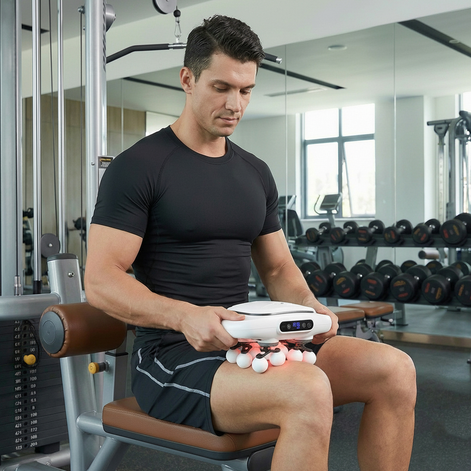Ein Mann im Fitnessstudio benutzt ein Massagegerät an seinem Oberschenkel. Er sitzt auf einem Trainingsgerät, Hanteln im Hintergrund.