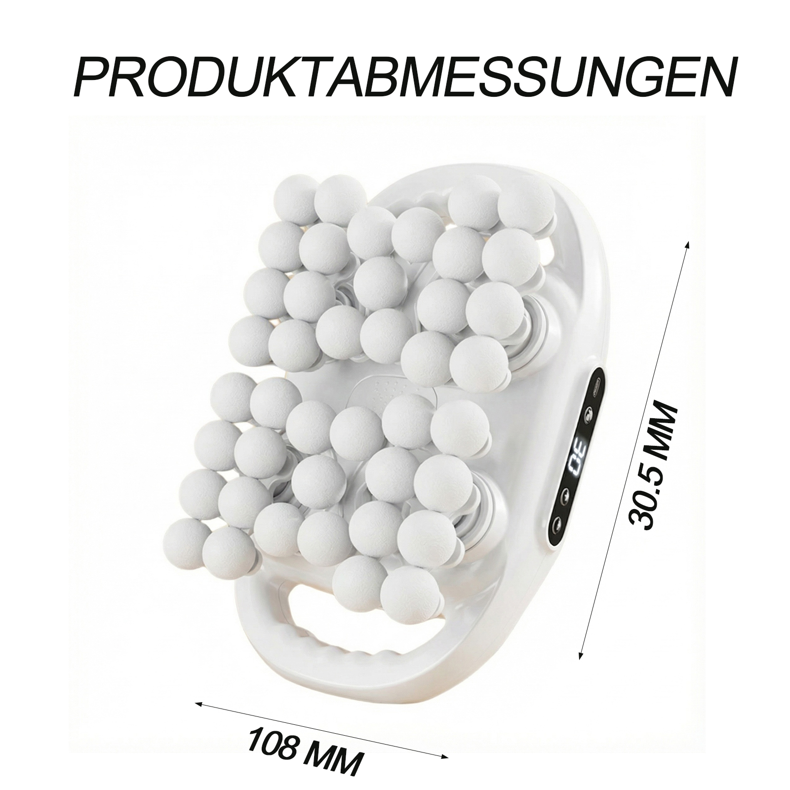 Weißes Massagegerät mit mehreren Kugeln. Abmessungen: 108 mm und 30,5 mm. Text oben: Produktabmessungen.