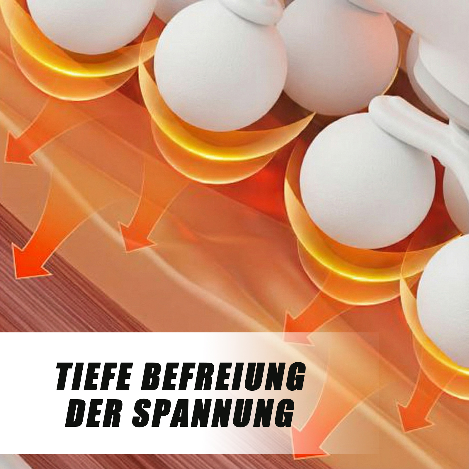 Das Bild zeigt weiße Kugeln mit orangefarbenen Pfeilen und Text: TIEFE BEFREIUNG DER SPANNUNG.
