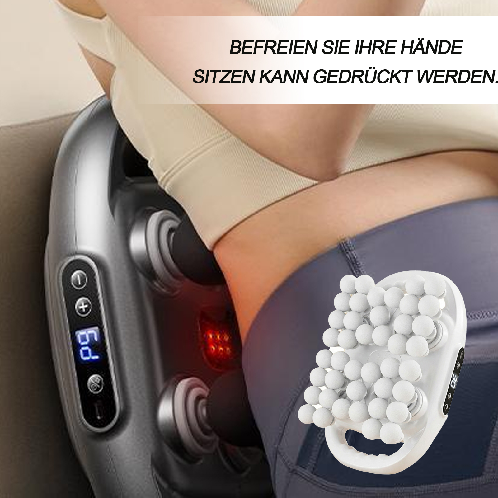 Eine Person benutzt ein Massagegerät an ihrer Hüfte. Das Gerät hat einen Bildschirm und rotierende Köpfe. Ein Handgerät ist ebenfalls sichtbar.