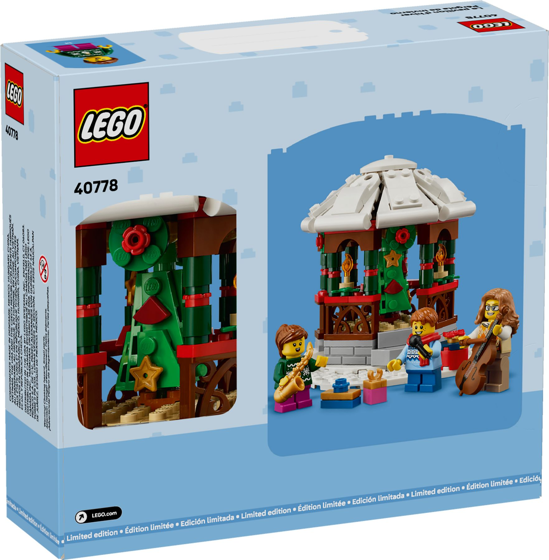Lego-Box-Set. Eine Weihnachtsmarktszene mit Figuren und einem Pavillon mit Schnee wird gezeigt.