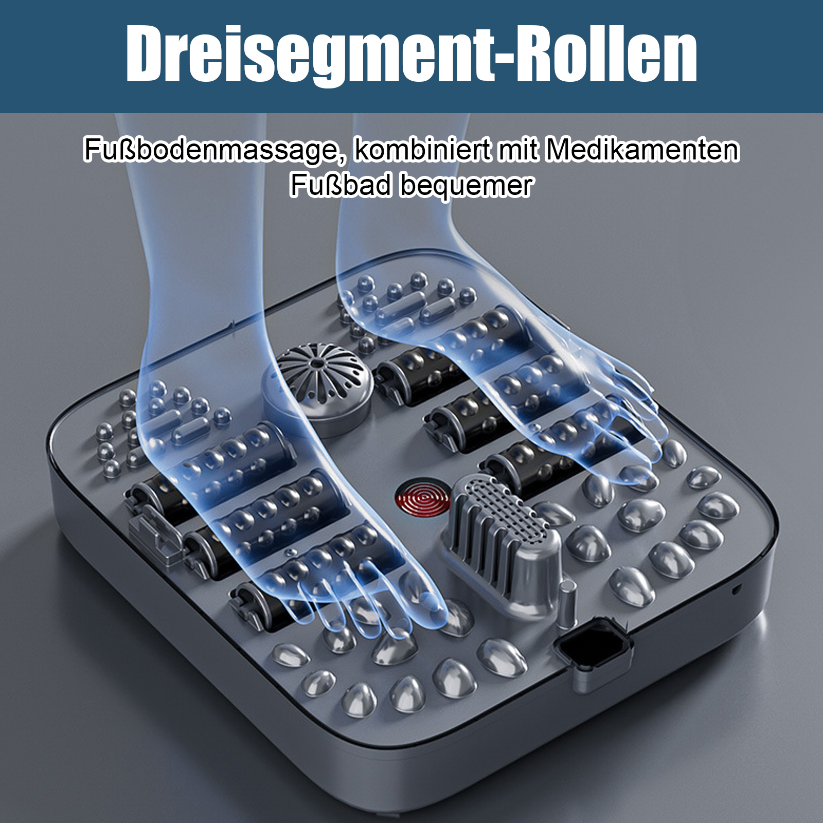 Fußmassagegerät mit Rollen und Knoten. Transparente Füße sind über dem Gerät abgebildet.