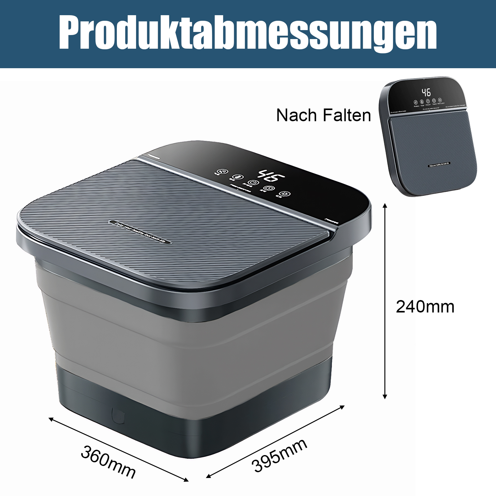 Faltbares Fußbad mit Maßen. Es ist grau und schwarz mit einer Digitalanzeige, die 46 anzeigt. Eine kleinere gefaltete Version wird gezeigt.