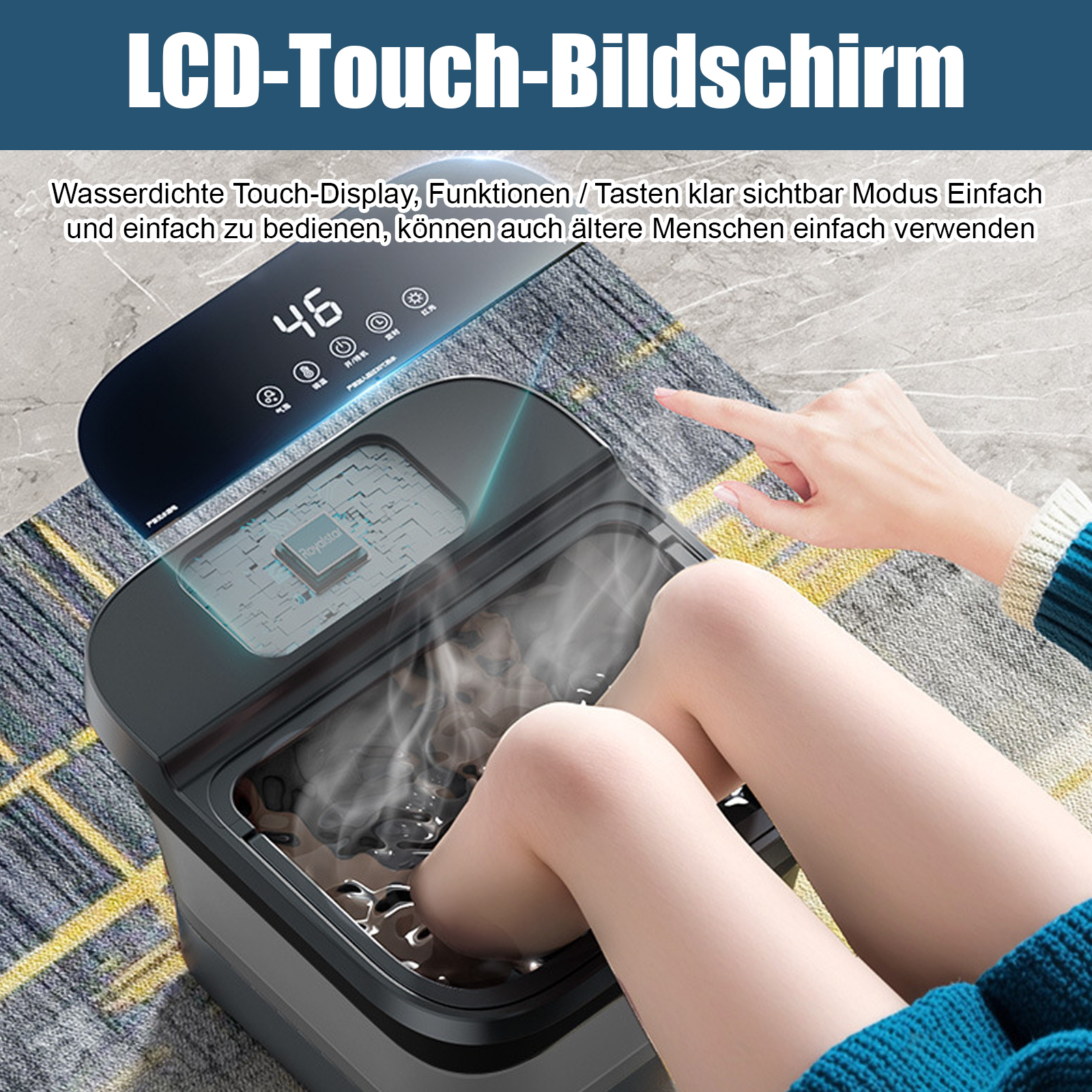 Fußbad mit digitaler Anzeige, die 46 anzeigt. Eine Hand berührt den Bildschirm. Beine sind im Wasser.