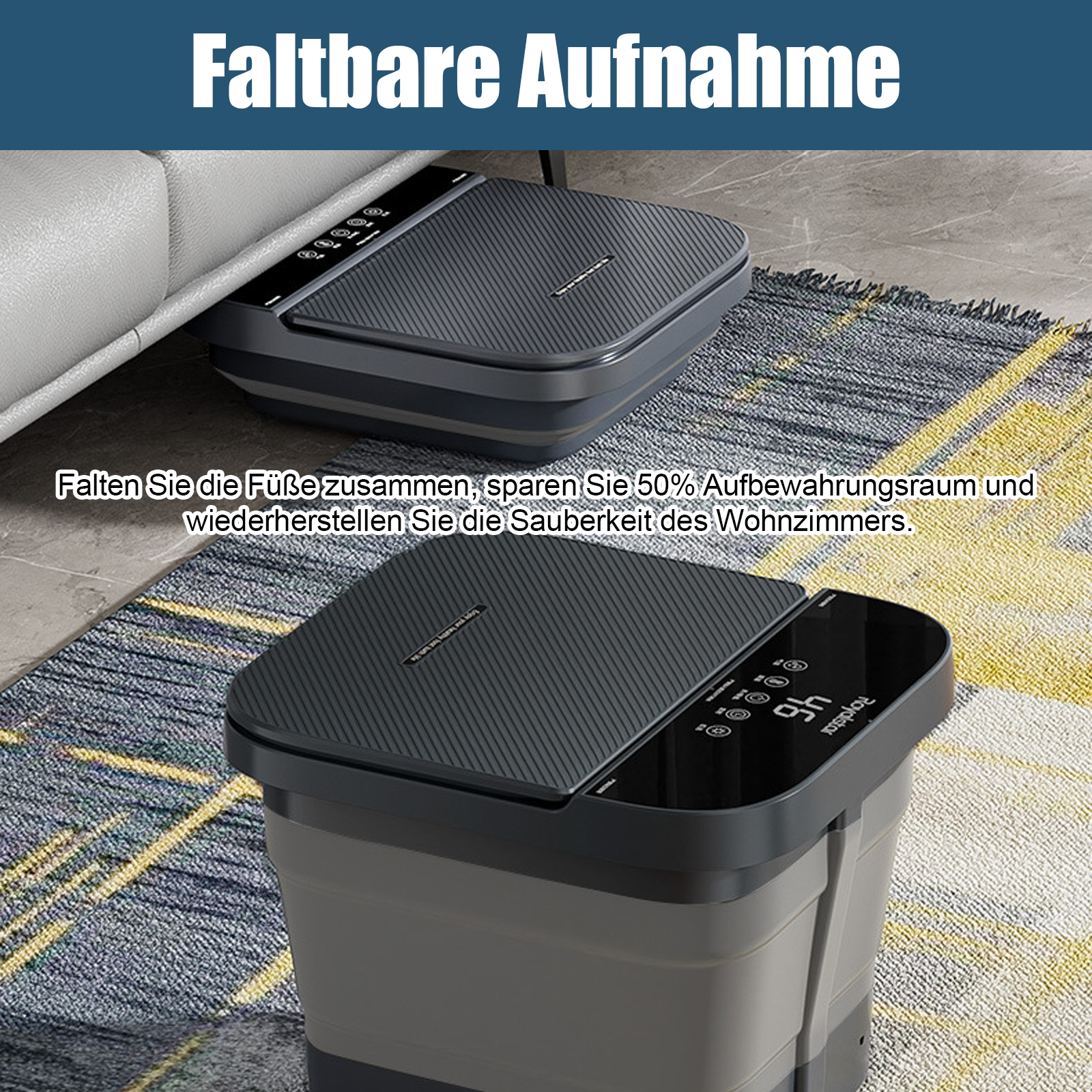 Eine faltbare Waschmaschine, grau und schwarz. Sie steht auf einem Teppich. Die Maschine ist teilweise geöffnet.