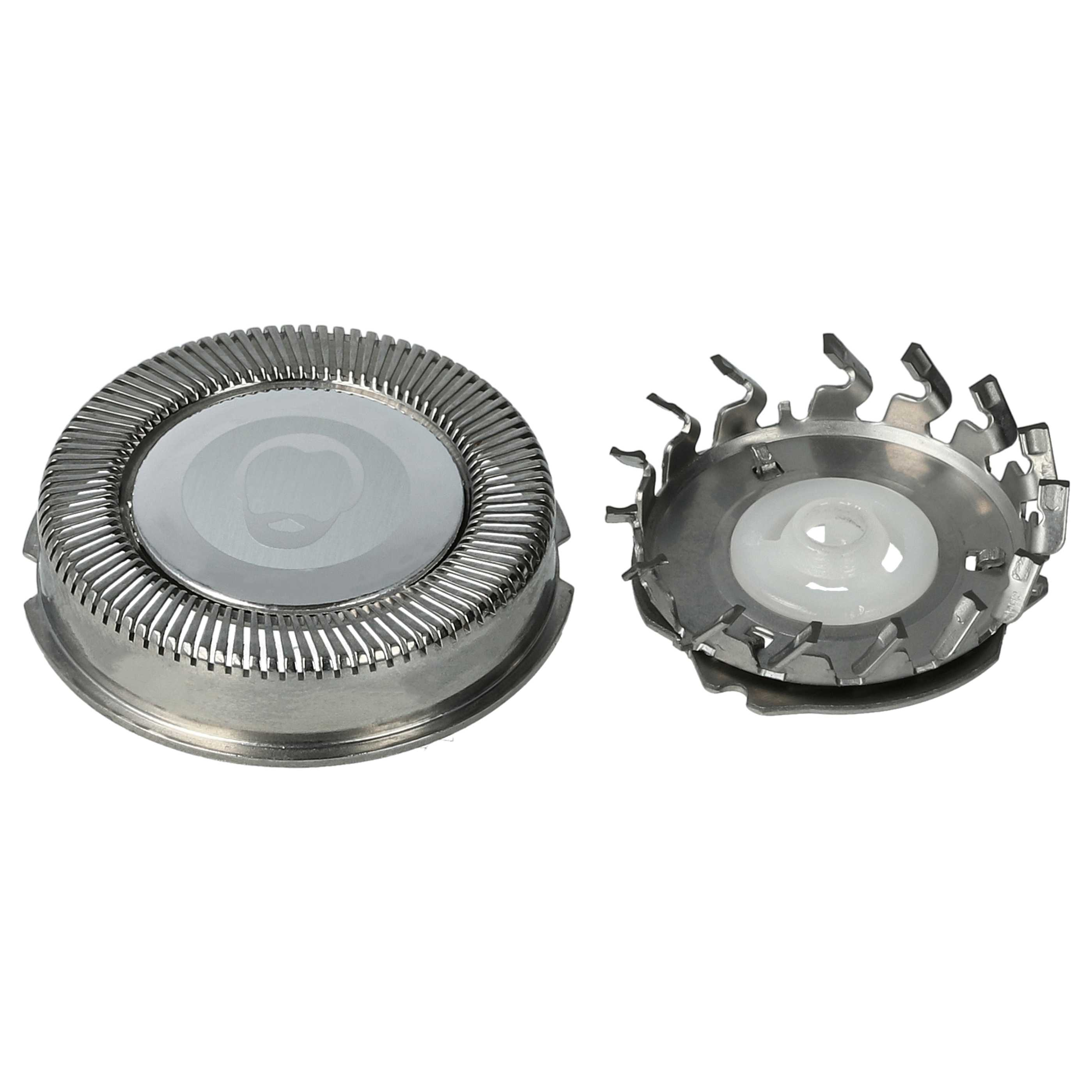 Zwei metallische Rasierköpfe. Einer ist ein vollständiger Kreis mit reflektierender Oberfläche. Der andere ist ein Teilring.