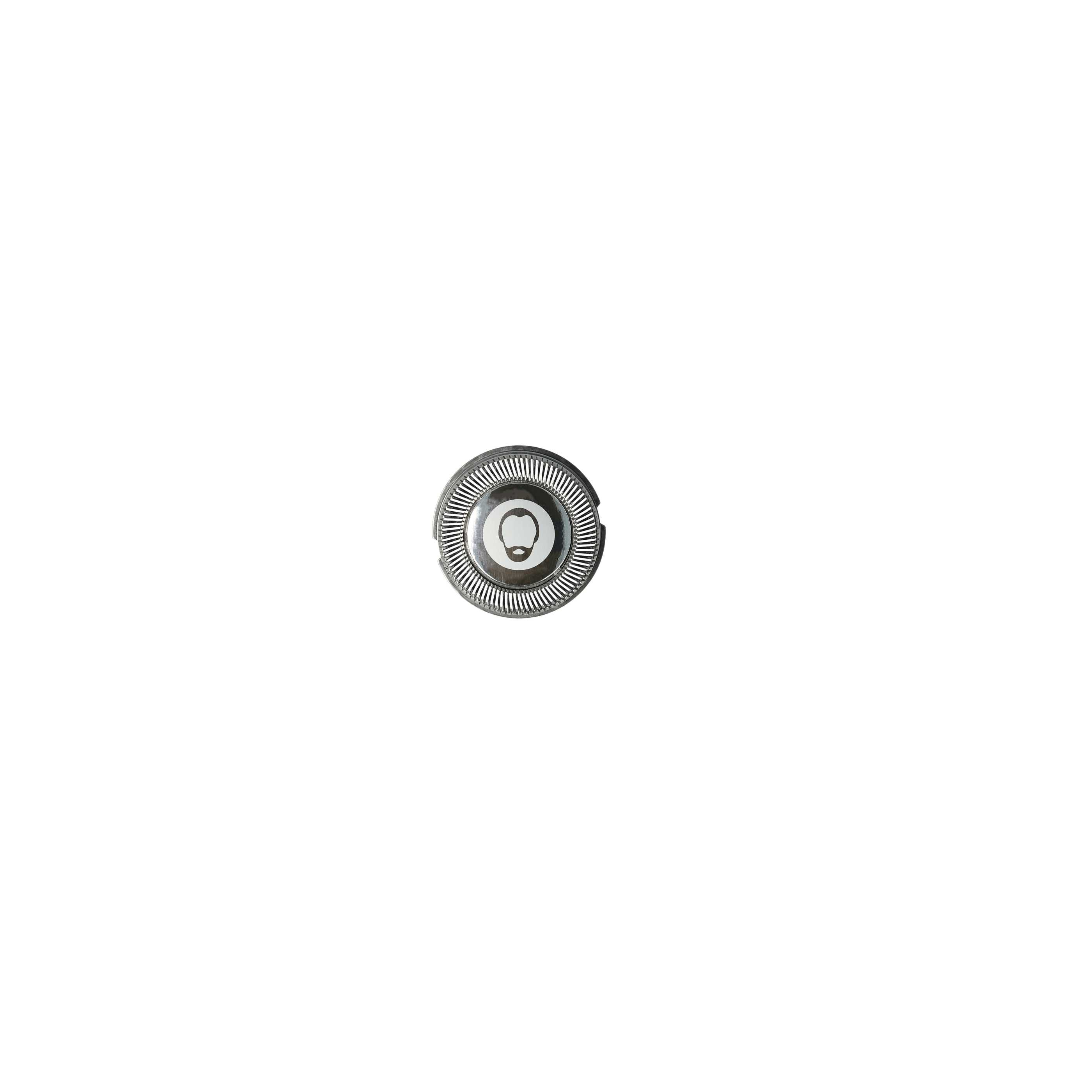 Nahaufnahme eines silbernen Rasiererkopfes vor weißem Hintergrund. Es hat ein kreisförmiges Design.