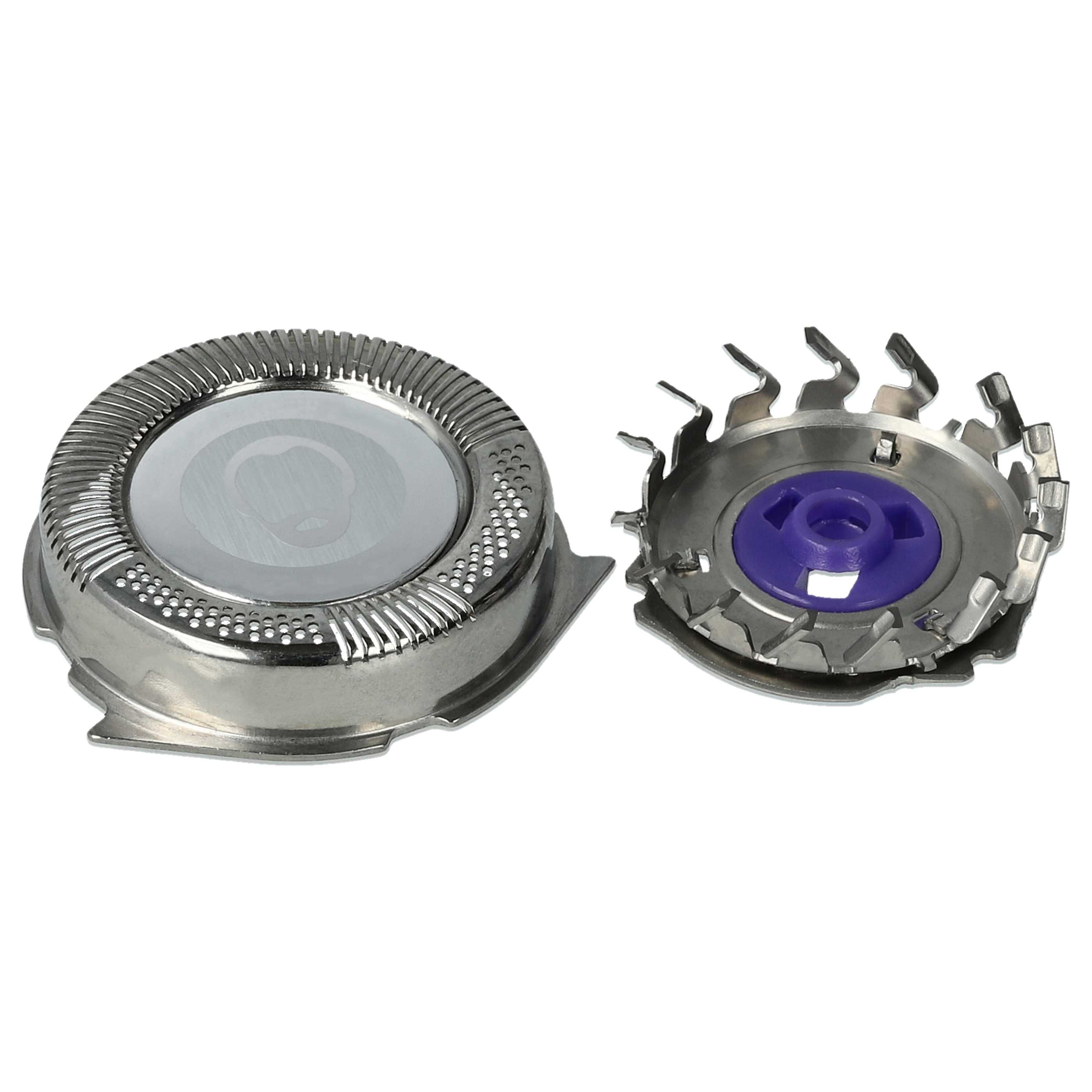 Zwei metallische Rasierer. Einer ist eine flache Scheibe mit einem kreisförmigen Muster, der andere hat eine lila Mitte.