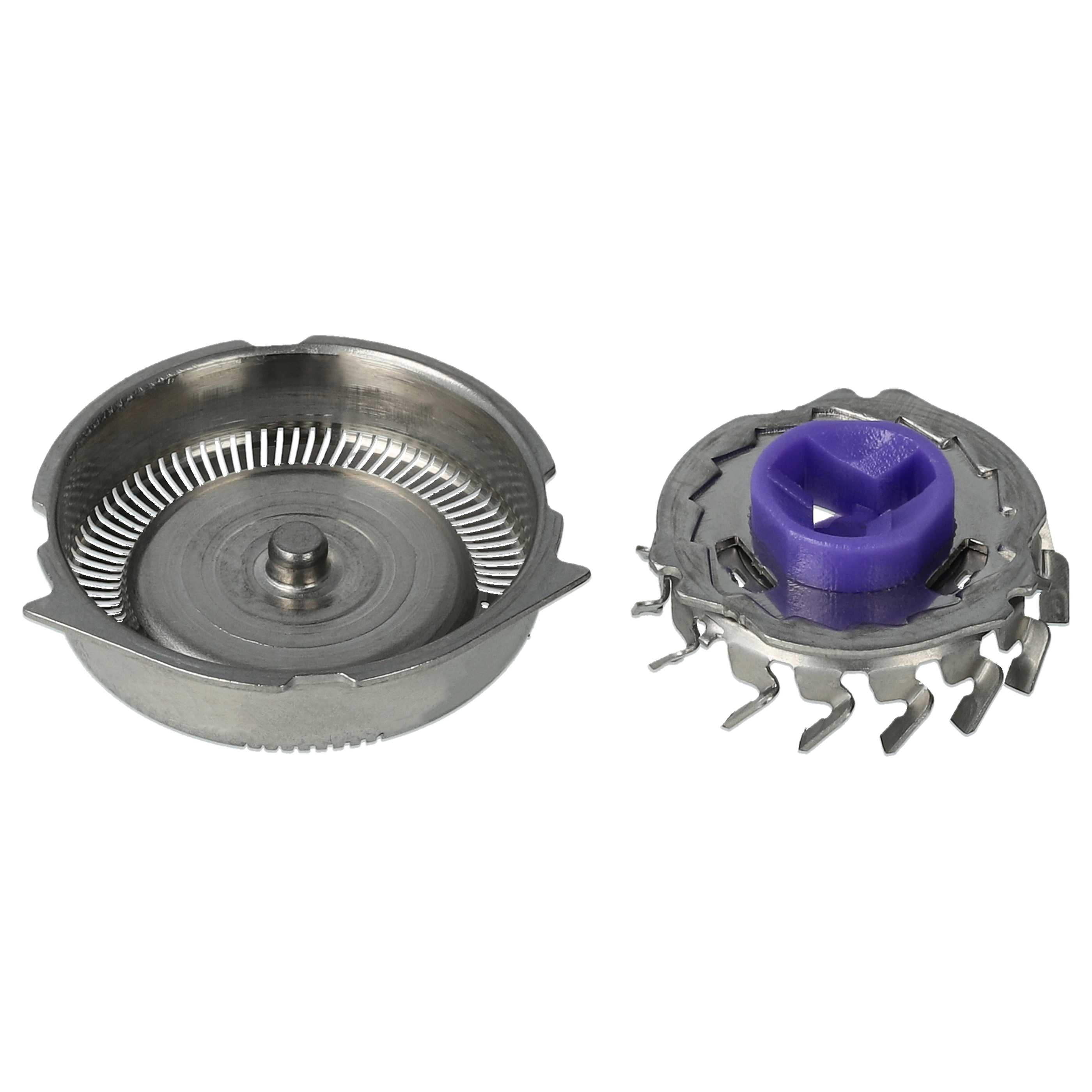 Zwei metallische Rasierer. Einer ist eine Metallschale mit Schlitzen. Der andere hat eine violette Mitte und Klingen.