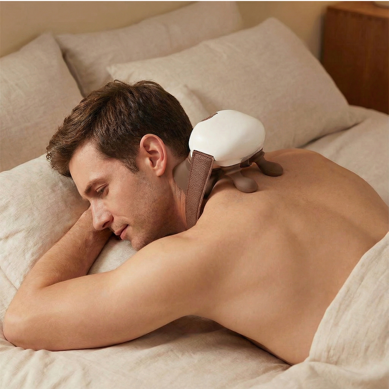 Ein Mann liegt auf einem Bett, ein Nackenmassagegerät auf der Schulter. Er ist entspannt. Hintergrund: Kissen und ein Holzschrank.