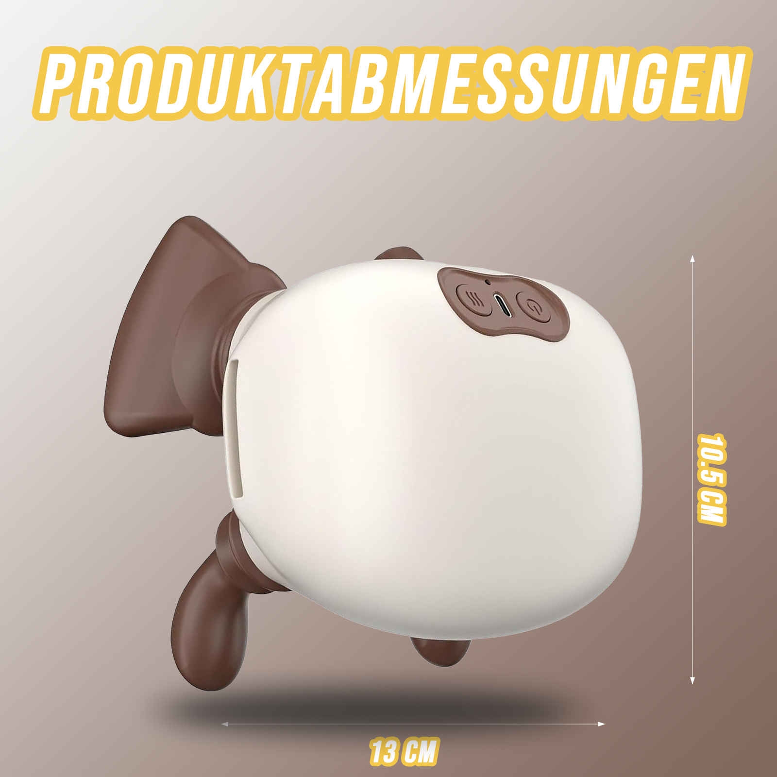 Ein weißes und braunes Gerät mit Knöpfen, die Abmessungen betragen 13 cm x 10,5 cm. Der Text 'PRODUKTABMESSUNGEN' steht oben.