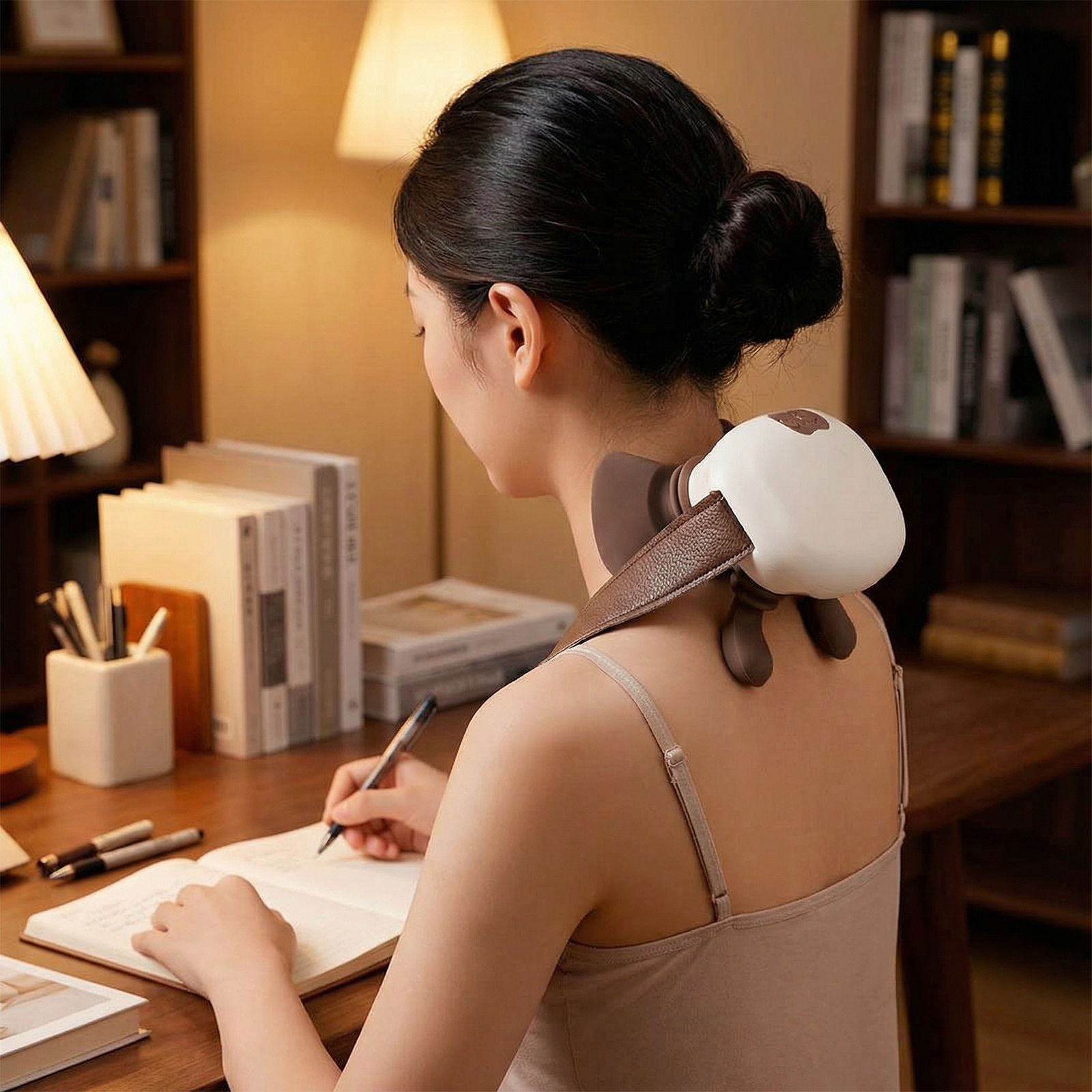 Eine Frau schreibt am Schreibtisch und trägt ein Nackenmassagegerät. Bücherregale, Lampen und Stifte sind ebenfalls im Raum sichtbar.