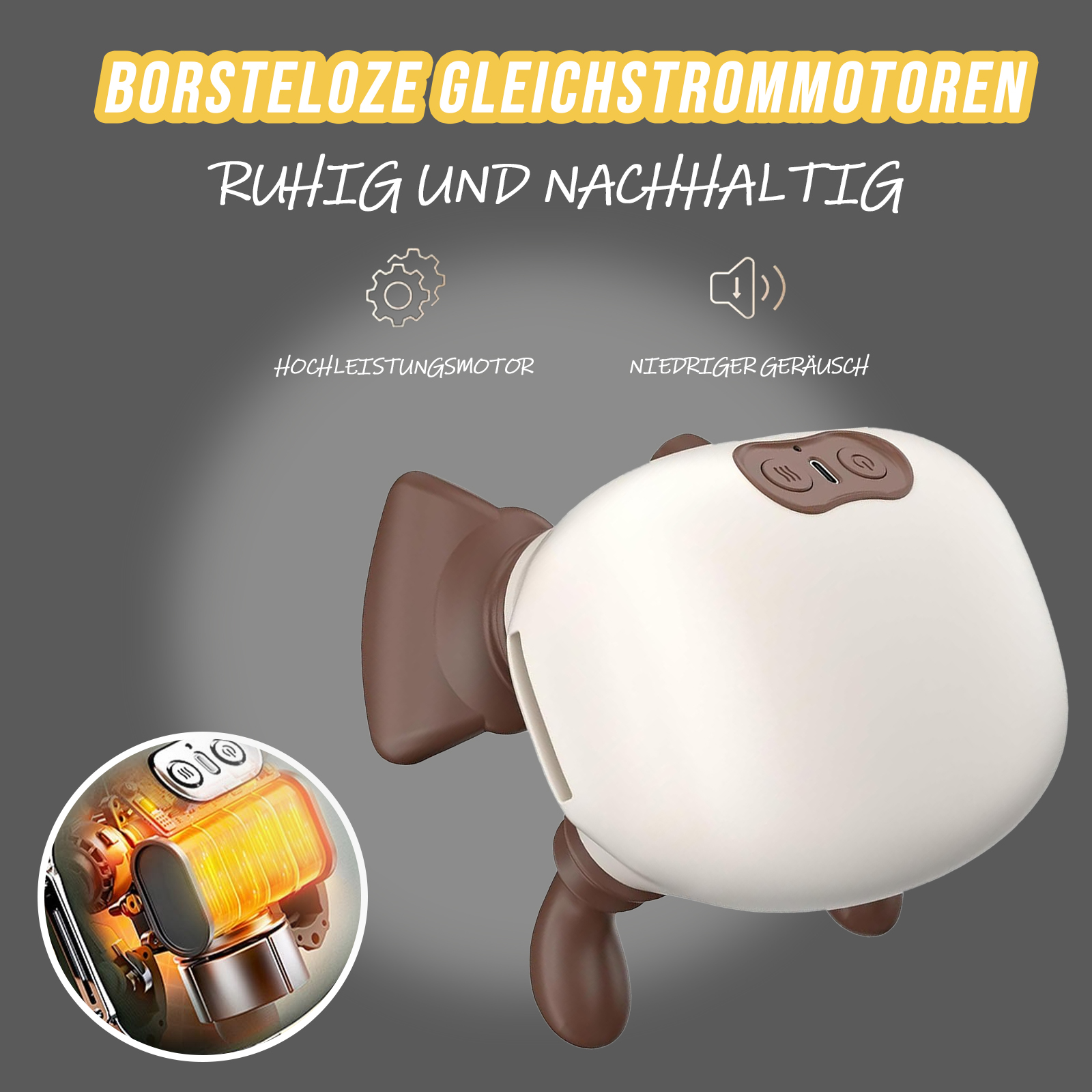 Ein weiß-braunes Gerät mit Knöpfen, Motordetail und deutschem Text zur Werbung.