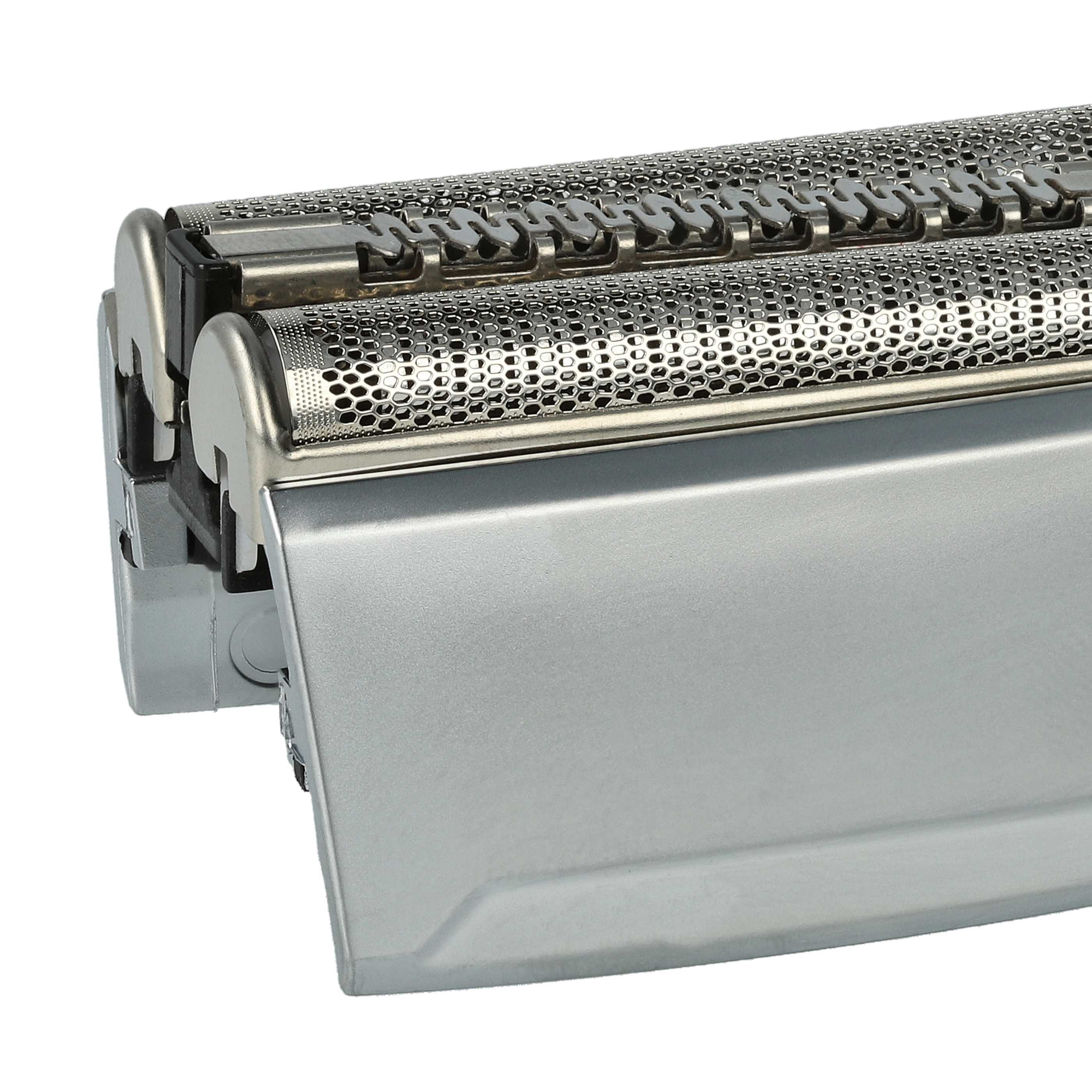 Nahaufnahme eines silbernen Elektrorasiererkopfes. Der Kopf hat ein feines, perforiertes Metallgitter und einen silbernen Körper.