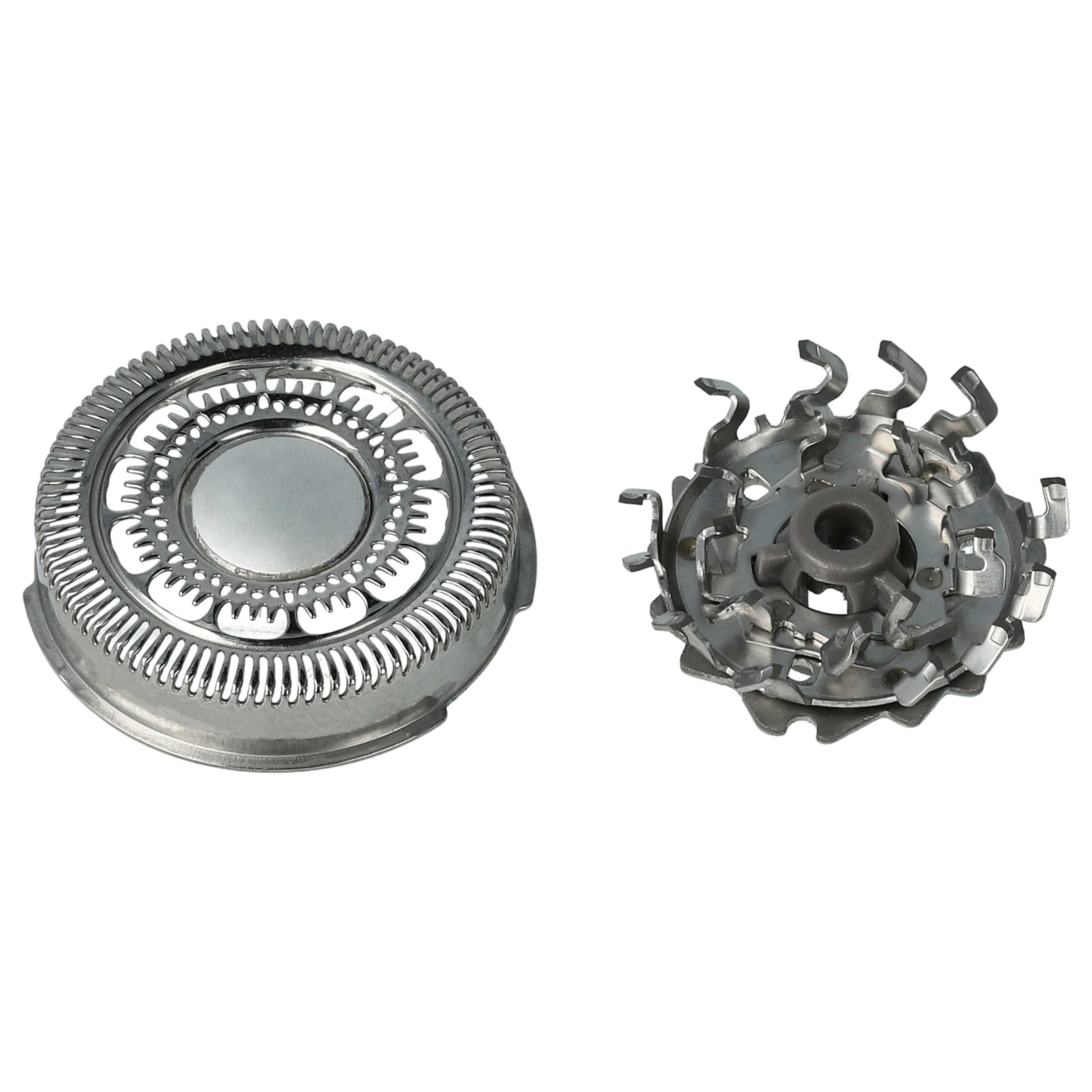 Zwei metallische Rasierer-Köpfe. Einer ist eine kreisförmige Klinge, der andere hat mehrere gebogene Klingen.