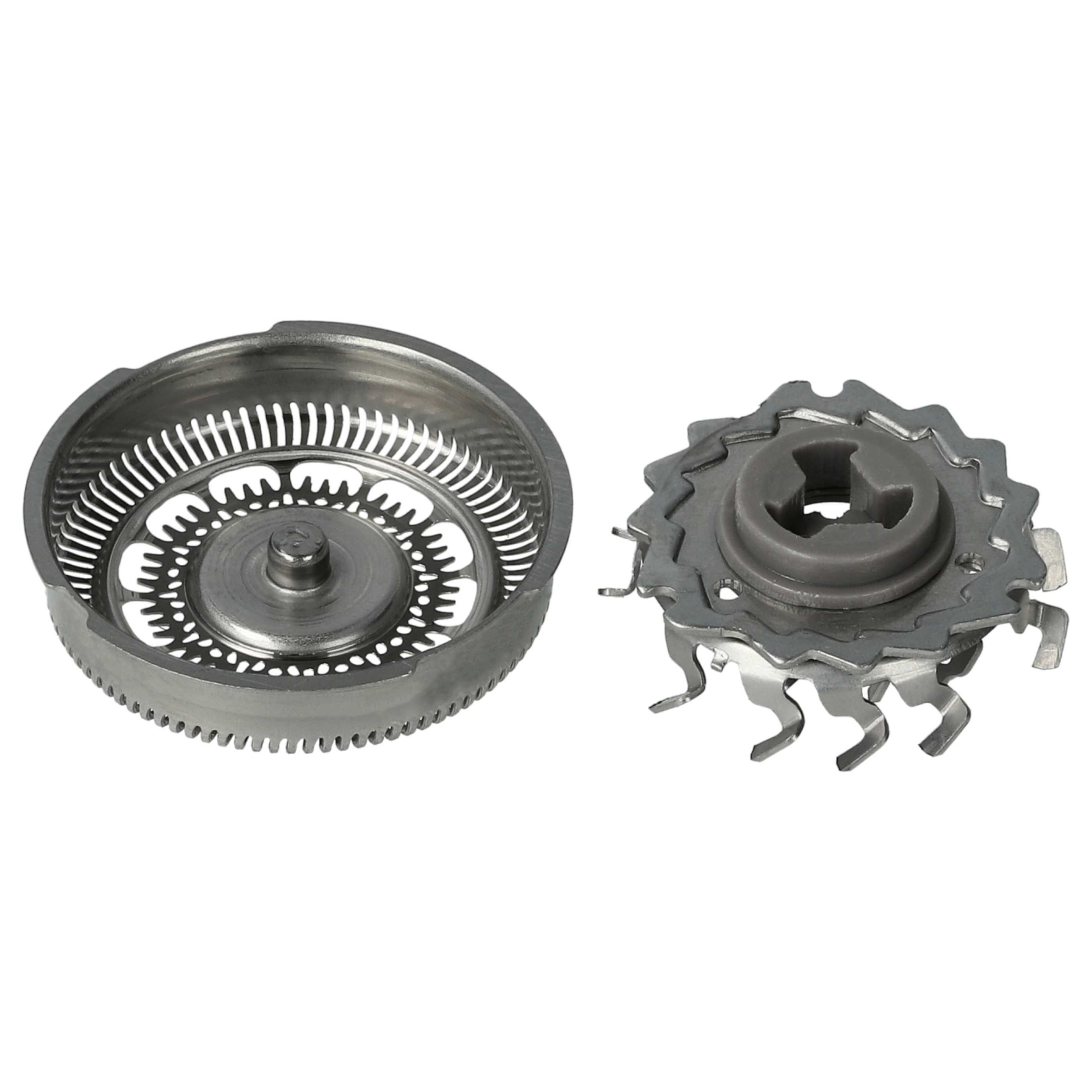 Zwei metallische Rasierer. Einer ist ein perforierter Zylinder, der andere hat Klingen und eine graue Mitte.