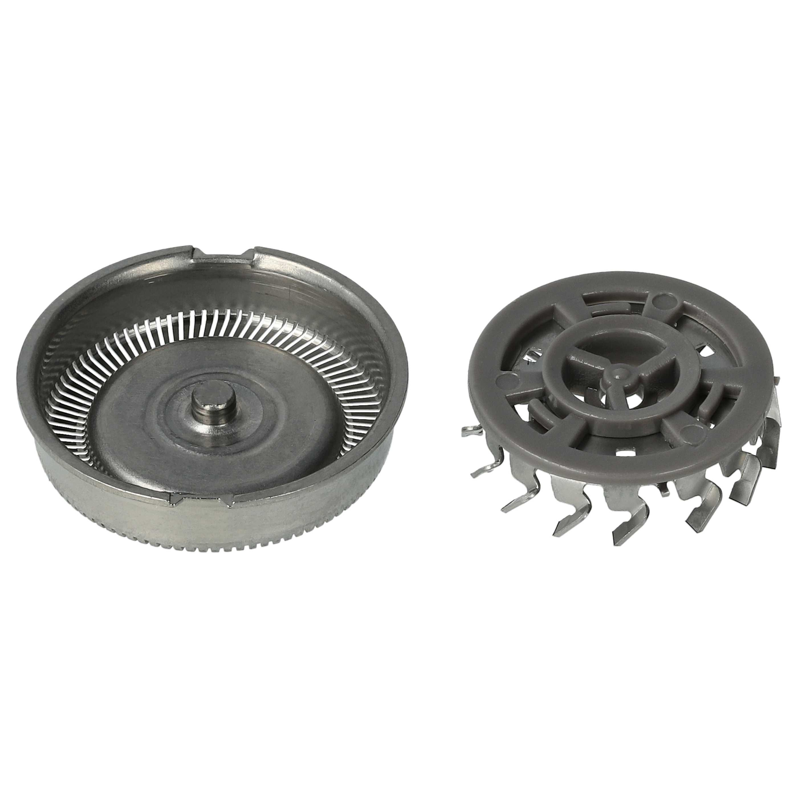 Zwei Rasierköpfe: einer aus Metall, der andere aus grauem Kunststoff. Beide sind Teile eines Elektrorasierers.