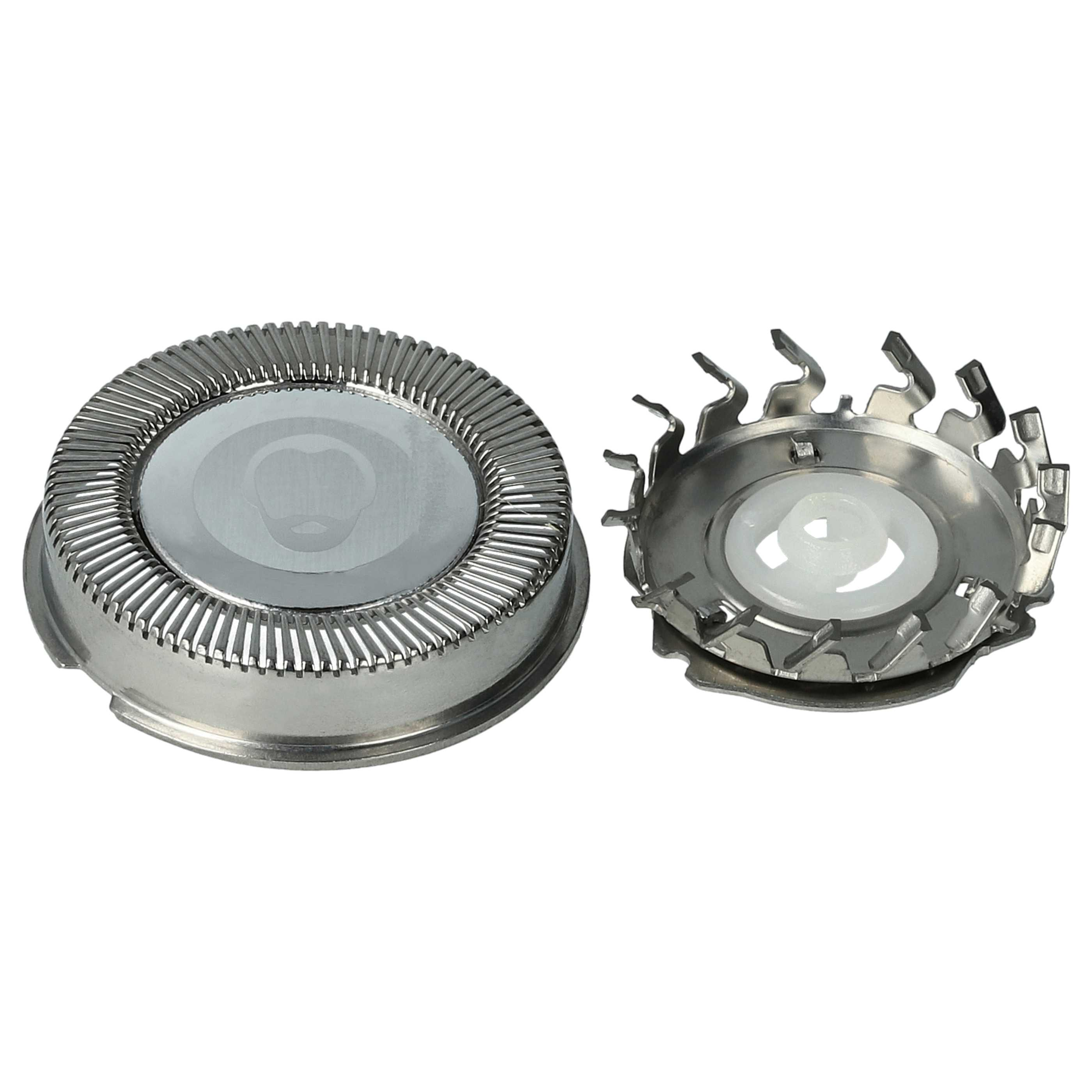 Zwei metallische Rasierer-Köpfe. Einer ist ein Kreis mit inneren Klingen. Der andere hat Klingen am äußeren Rand.