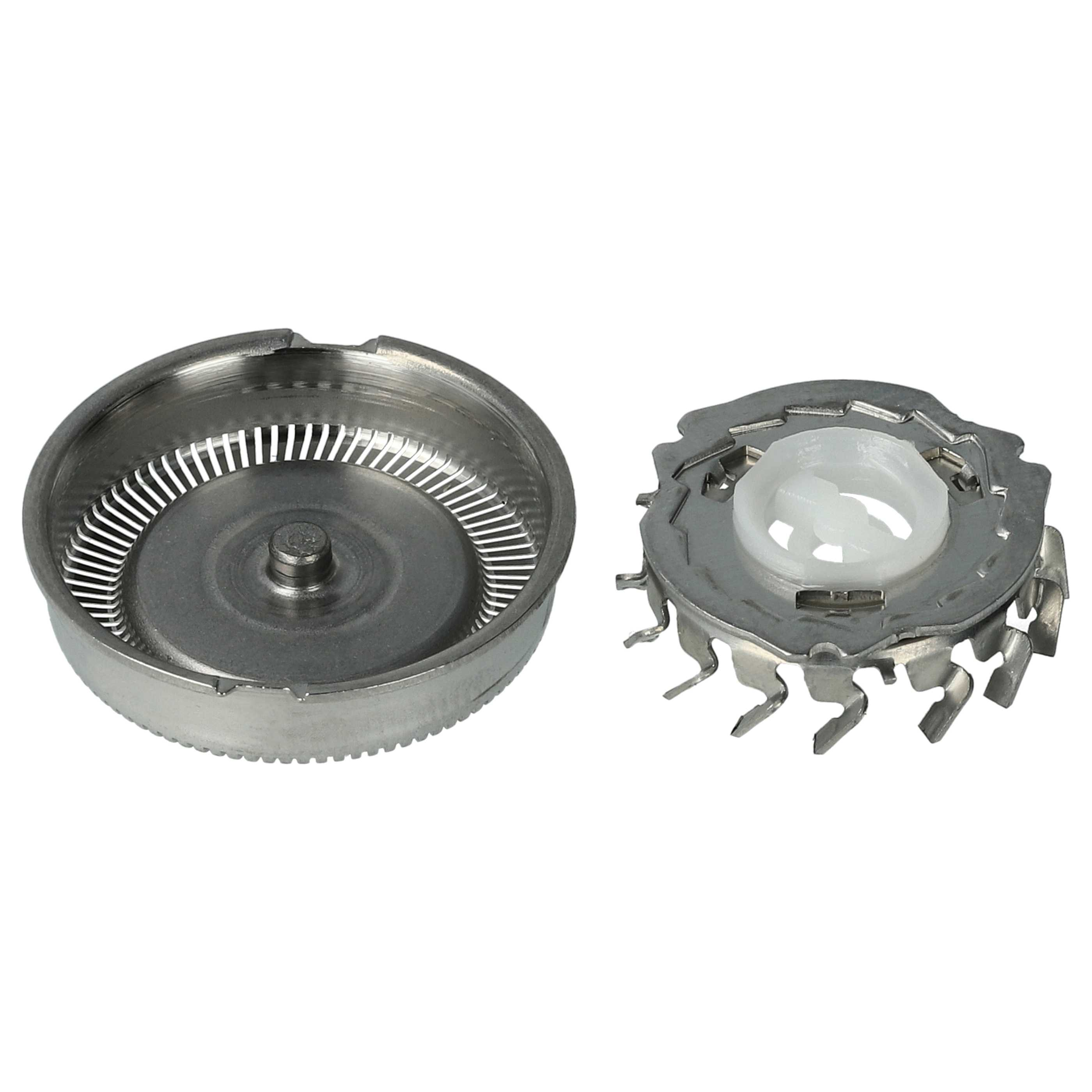 Zwei metallische Rasierer-Köpfe. Einer ist ein kreisförmiger Klingenschutz, der andere enthält Klingen und eine weiße Kunststoffmitte.