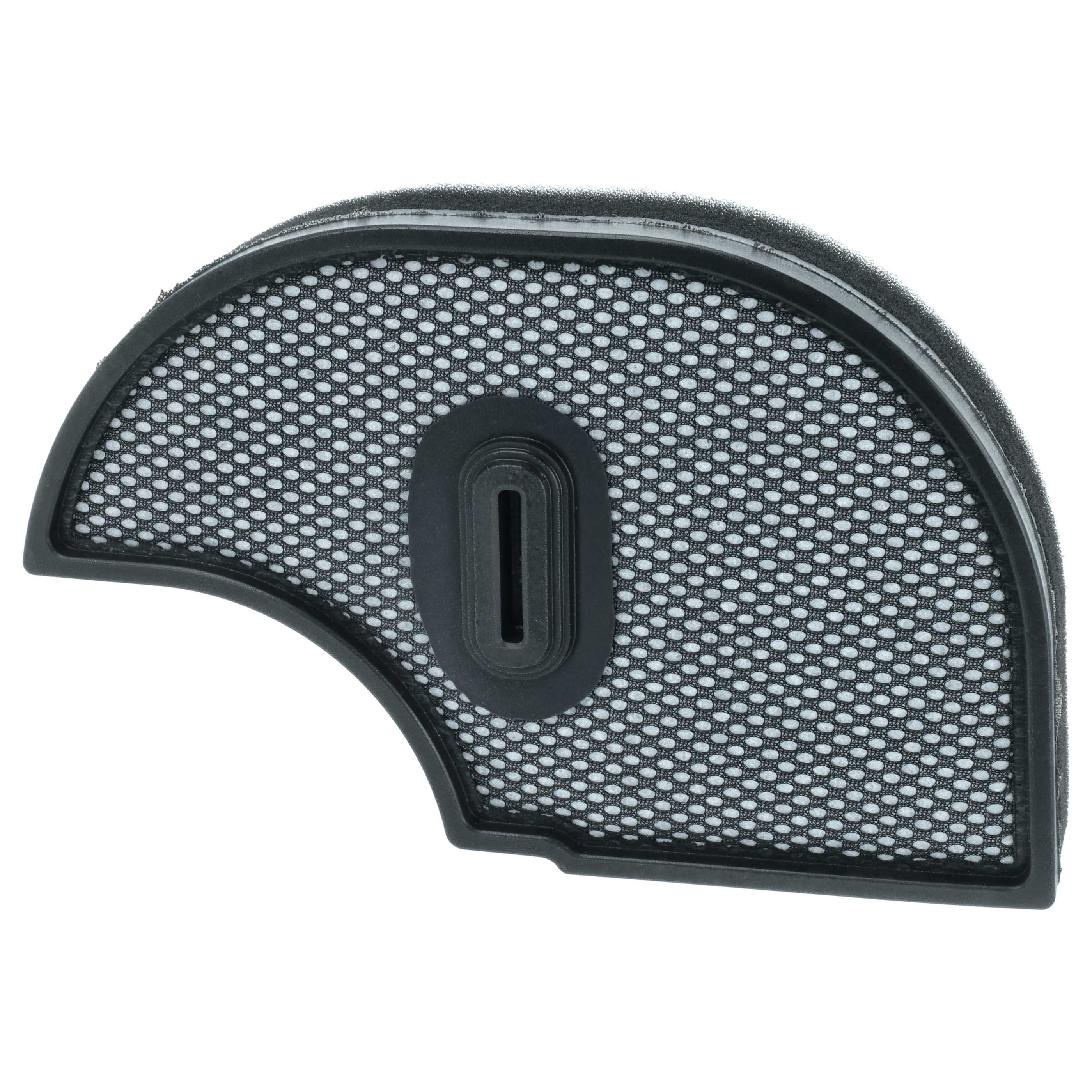 Ein Luftfilter mit schwarzem Rahmen, Mascheninnenraum und einem zentralen, schwarzen, länglichen Oval.