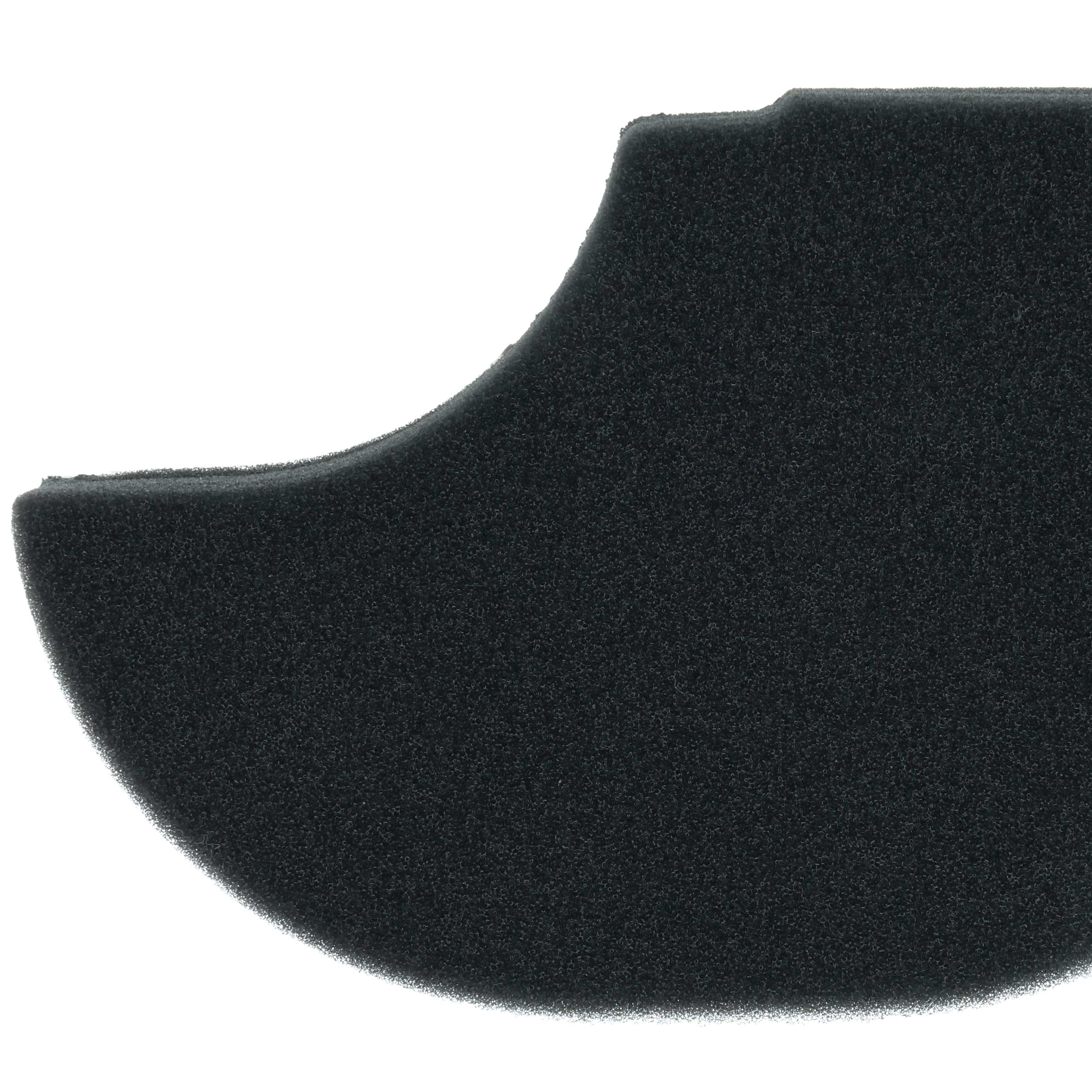 Nahaufnahme eines schwarzen, porösen Schaumstofffilters mit gebogenen Kanten auf weißem Hintergrund.