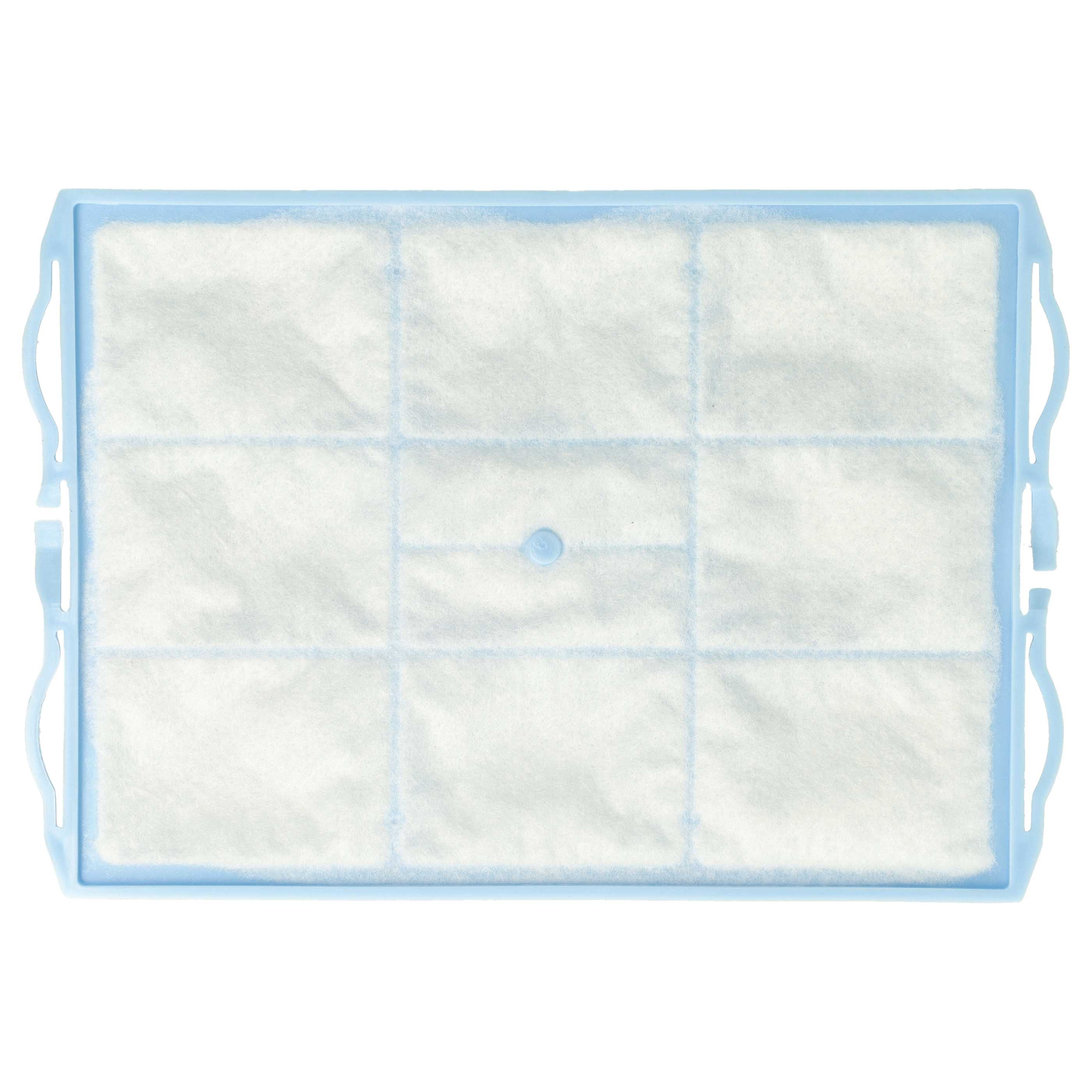 Ein rechteckiger Luftfilter mit hellblauem Rahmen und weißem, gitterartigem Filtermaterial.