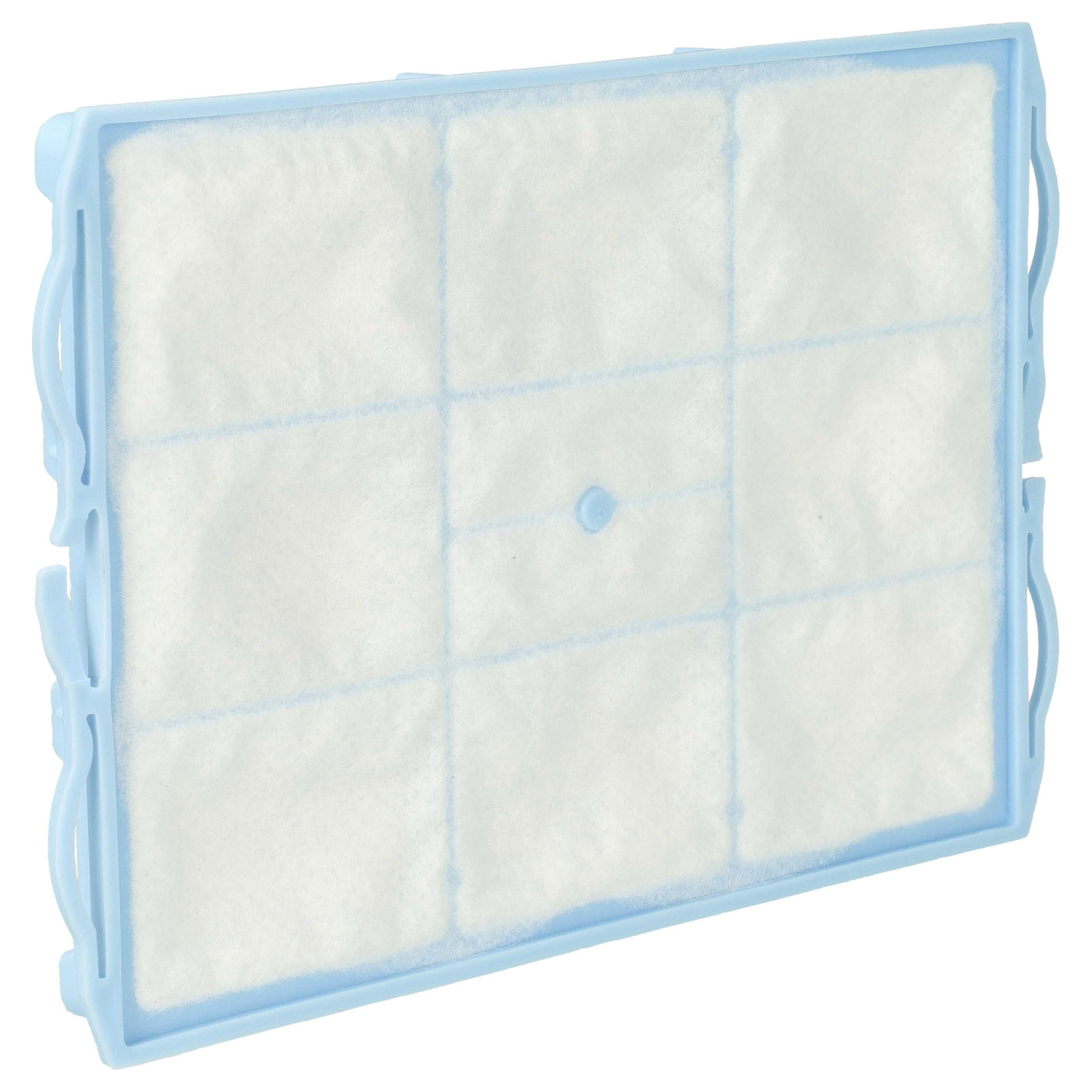 Blauer Luftfilter mit weißem Filtermaterial. Er hat eine rechteckige Form und einen hellblauen Rahmen.