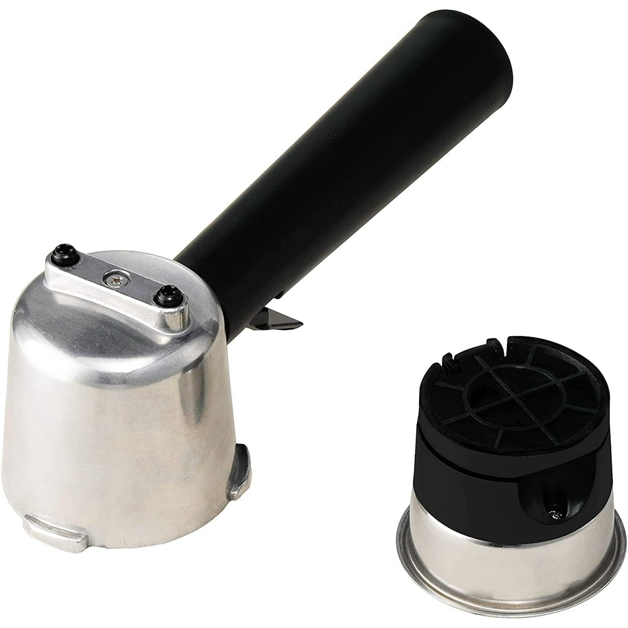 Eine Metallkomponente einer Espressomaschine mit schwarzem Griff und einem separaten schwarz-silbernen Teil.