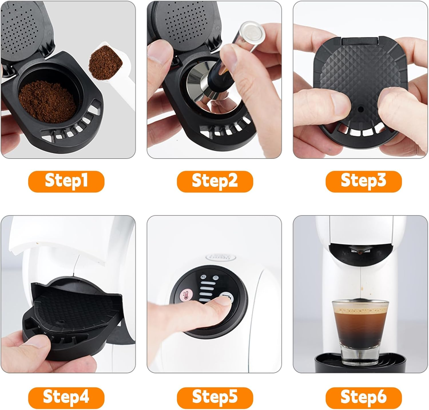 Schritte der Kaffeezubereitung: Kaffeepulver hinzufügen, Komponente einsetzen, Deckel schließen, Kapsel einsetzen, Knopf drücken und Kaffee wird zubereitet.