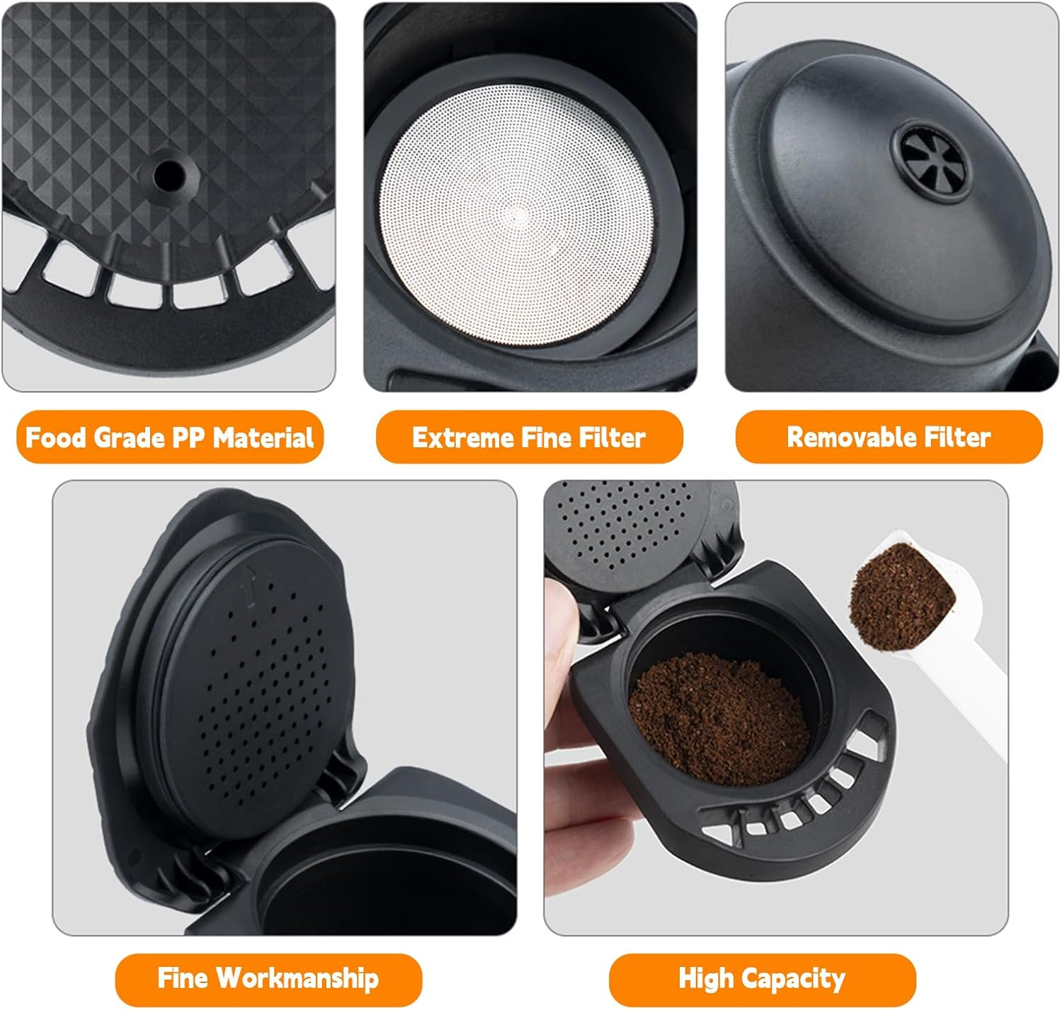 Das Bild zeigt einen Kaffeefilter mit verschiedenen Teilen, darunter ein Deckel, ein feiner Filter, ein Fach mit großem Fassungsvermögen und ein Löffel mit Kaffeepulver.
