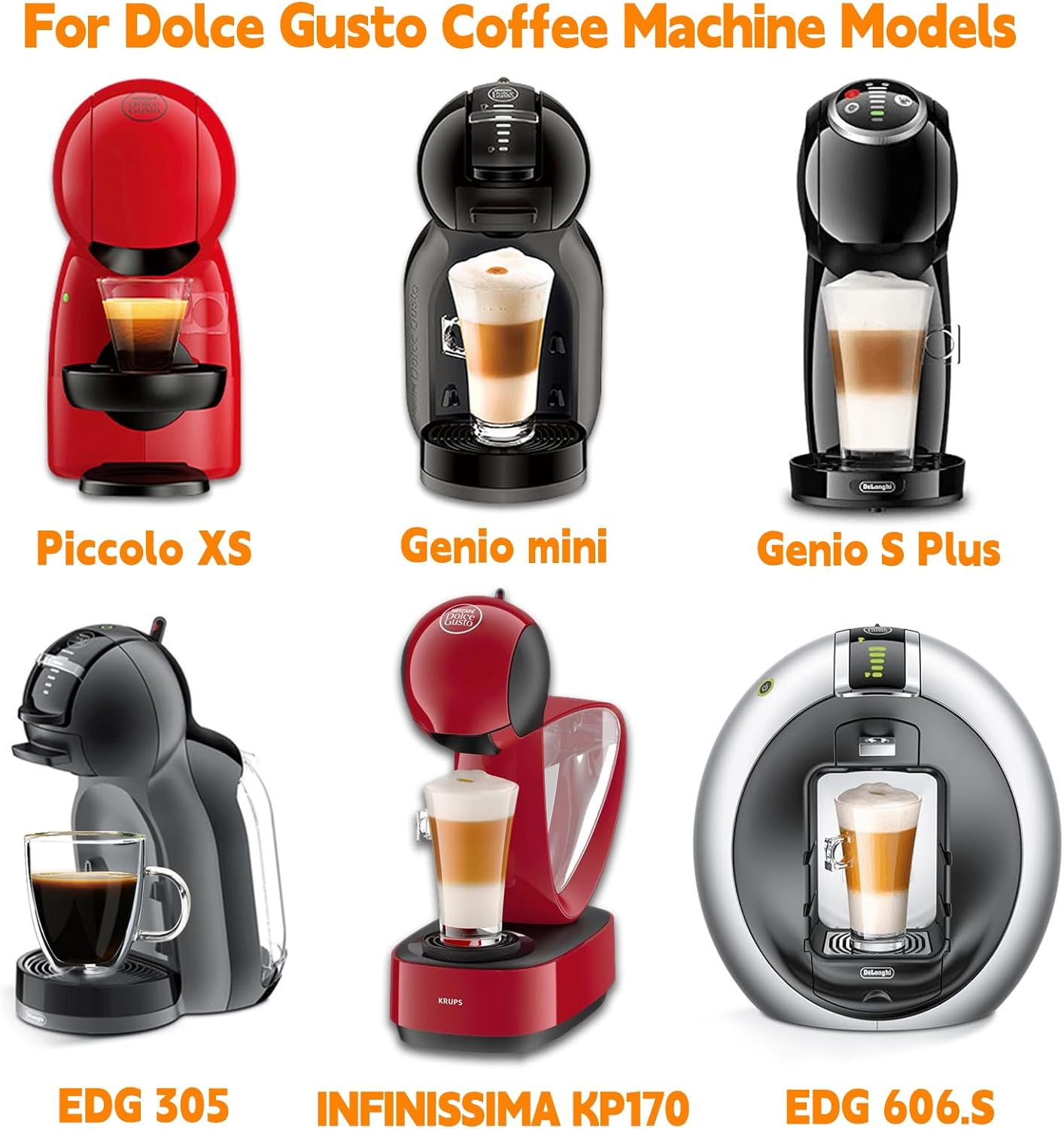 Das Bild zeigt sechs Dolce Gusto Kaffeemaschinen: Piccolo XS, Genio mini, Genio S Plus, EDG 305, INFINISSIMA KP170 und EDG 606.S.