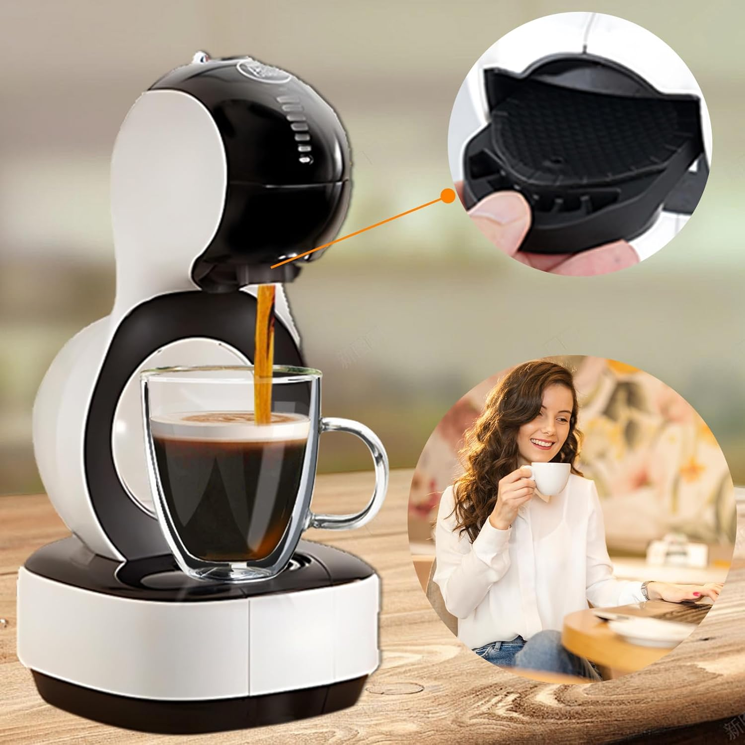 Kaffeemaschine gießt Kaffee in ein Glas. Eine Frau trinkt Kaffee. Details der Maschine und ihrer Teile werden gezeigt.