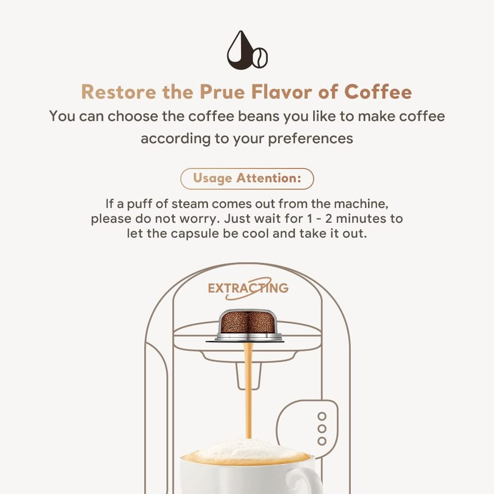 Eine Illustration zeigt, wie Kaffee aus einer Maschine in eine Tasse extrahiert wird. Text liefert Anweisungen und Informationen.