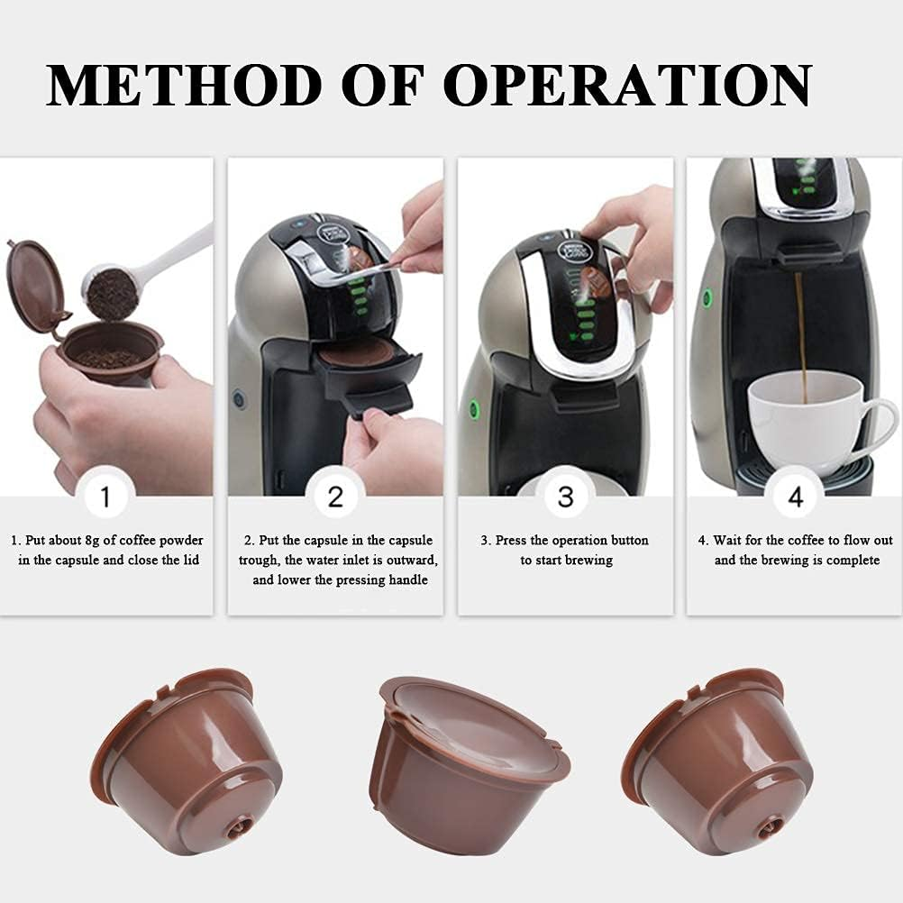 Anleitung für eine Kaffeemaschine: Kaffeepulver hinzufügen, Kapsel einlegen, Knopf drücken und auf den Kaffee warten.