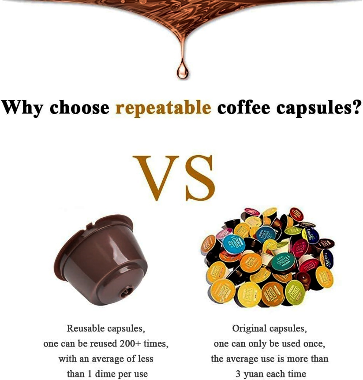 Das Bild vergleicht wiederverwendbare Kaffeekapseln mit Originalen. Wiederverwendbare Kapseln sind braun, Originale in einem Haufen.