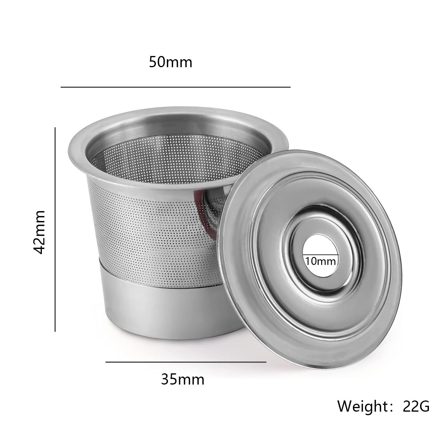 Ein Edelstahl-Tee-Ei mit Deckel. Abmessungen sind beschriftet: 50 mm, 42 mm und 35 mm. Das Gewicht beträgt 22G.