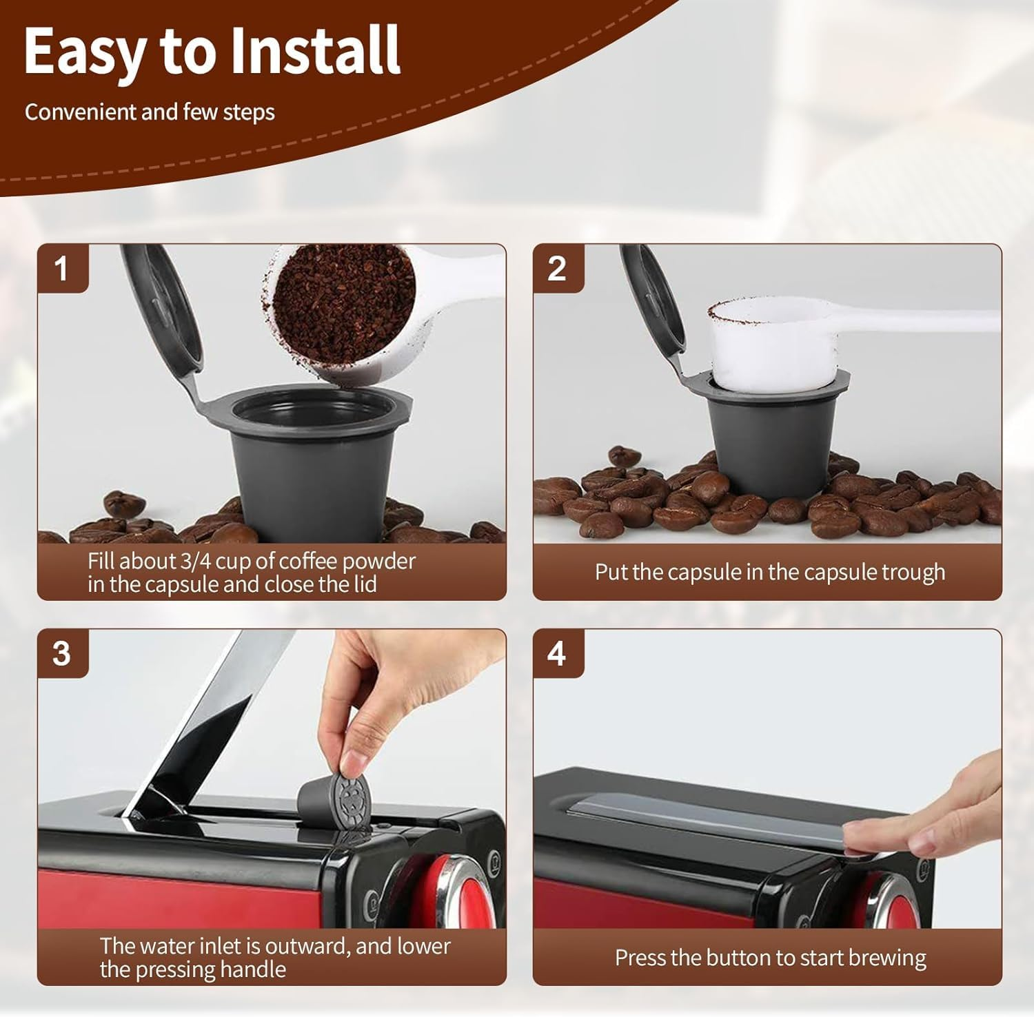 Schritte zur Installation einer Kaffeekapsel: Kapsel mit Kaffee füllen, in die Rinne legen, Kapsel einsetzen und die Taste drücken.