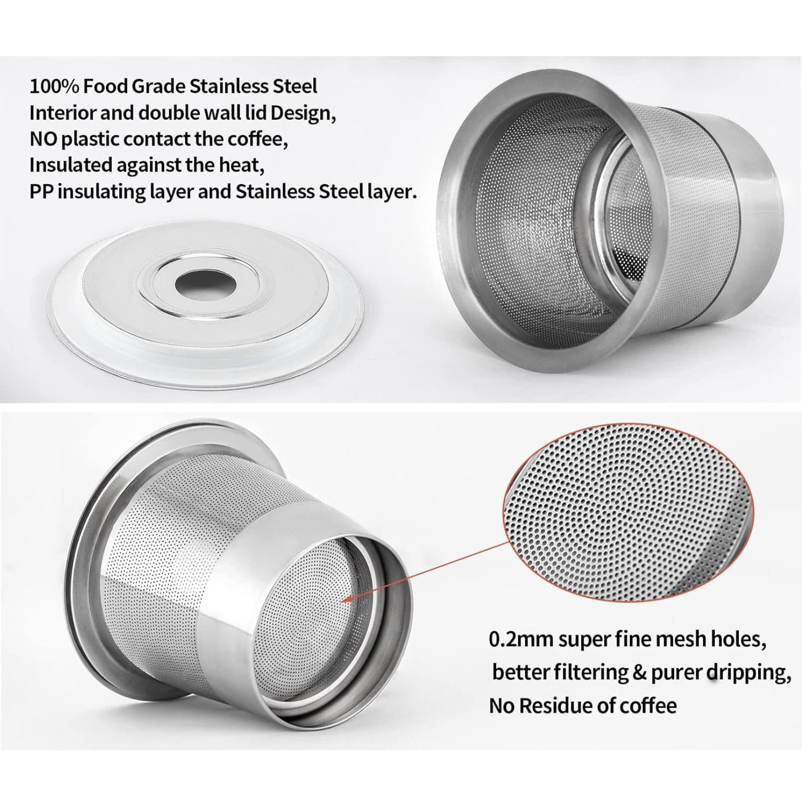 Edelstahl-Kaffeefilterteile. Enthält einen Deckel und eine perforierte Tasse. Nahaufnahme zeigt feine Maschenlöcher.