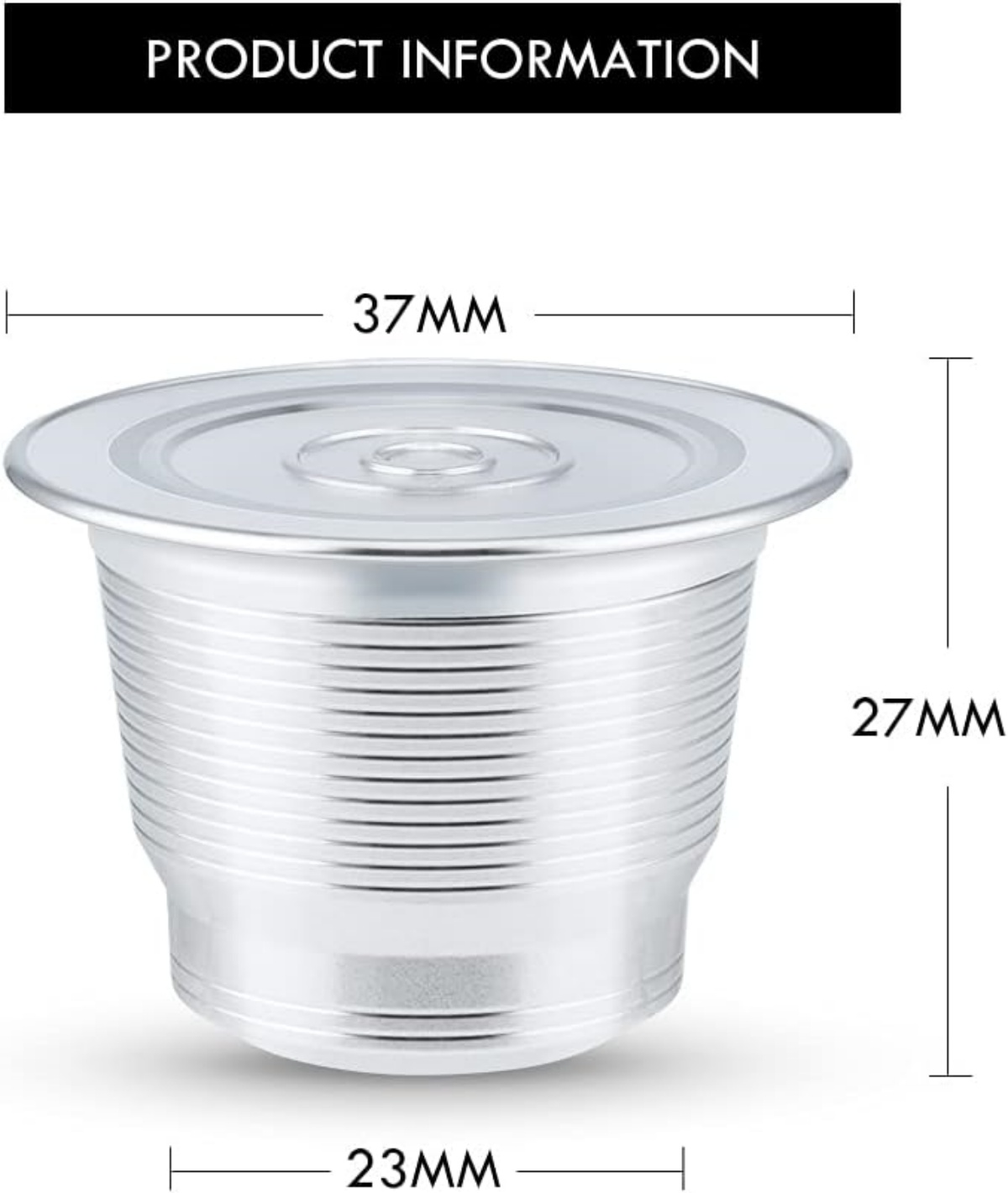 Eine silberne Kaffeekapsel mit den angegebenen Maßen: 37 mm, 27 mm, 23 mm. Produktinformationen stehen oben.
