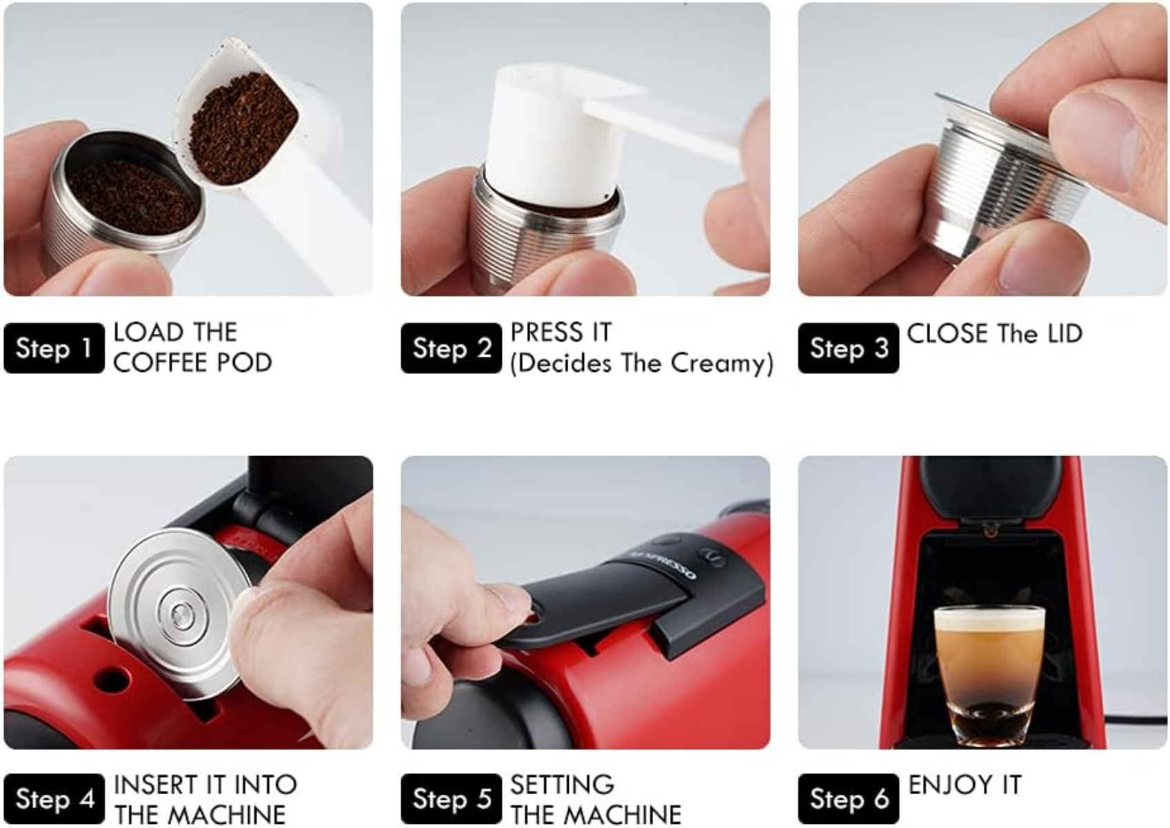 Schritte zur Kaffeezubereitung: Kapsel einlegen, drücken, Deckel schließen, Kapsel in die Maschine, einstellen und Kaffee genießen.