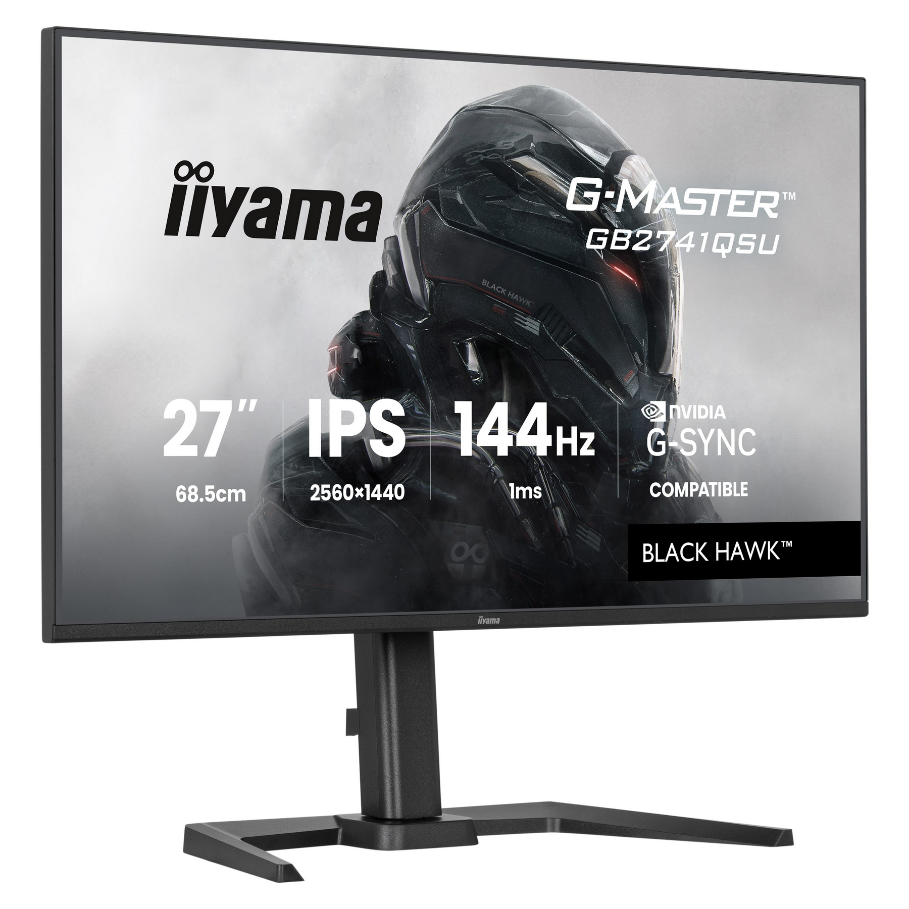 Monitor Iiyama. Czarna ramka, czarna podstawa. Ekran pokazuje futurystycznego wojownika, tekst: G-MASTER, 27", IPS, 144Hz, G-SYNC.