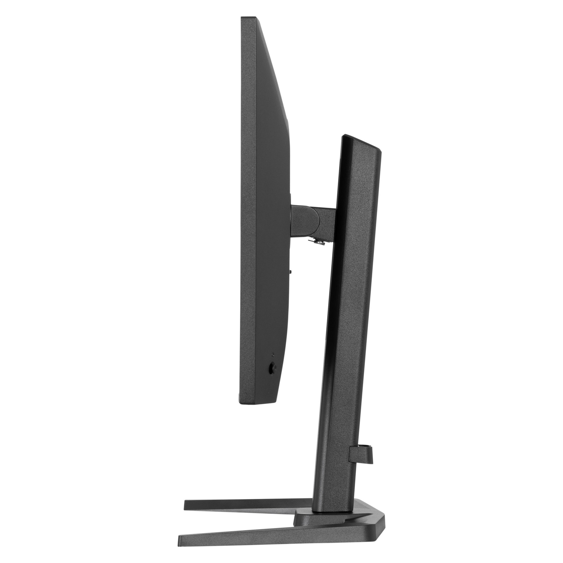 Widok z boku czarnego monitora komputera. Ekran jest po lewej stronie, połączony ze stojakiem po prawej.