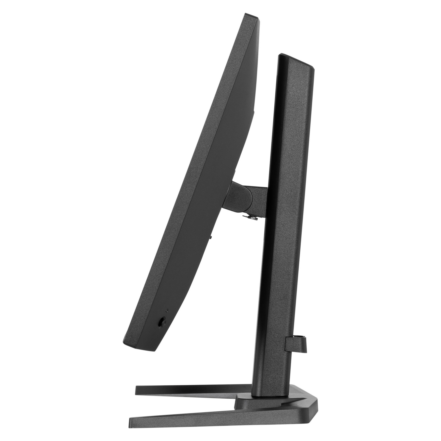 Czarny monitor komputera, widok z boku, na białym tle. Ekran jest pochylony i zamontowany na stojaku.