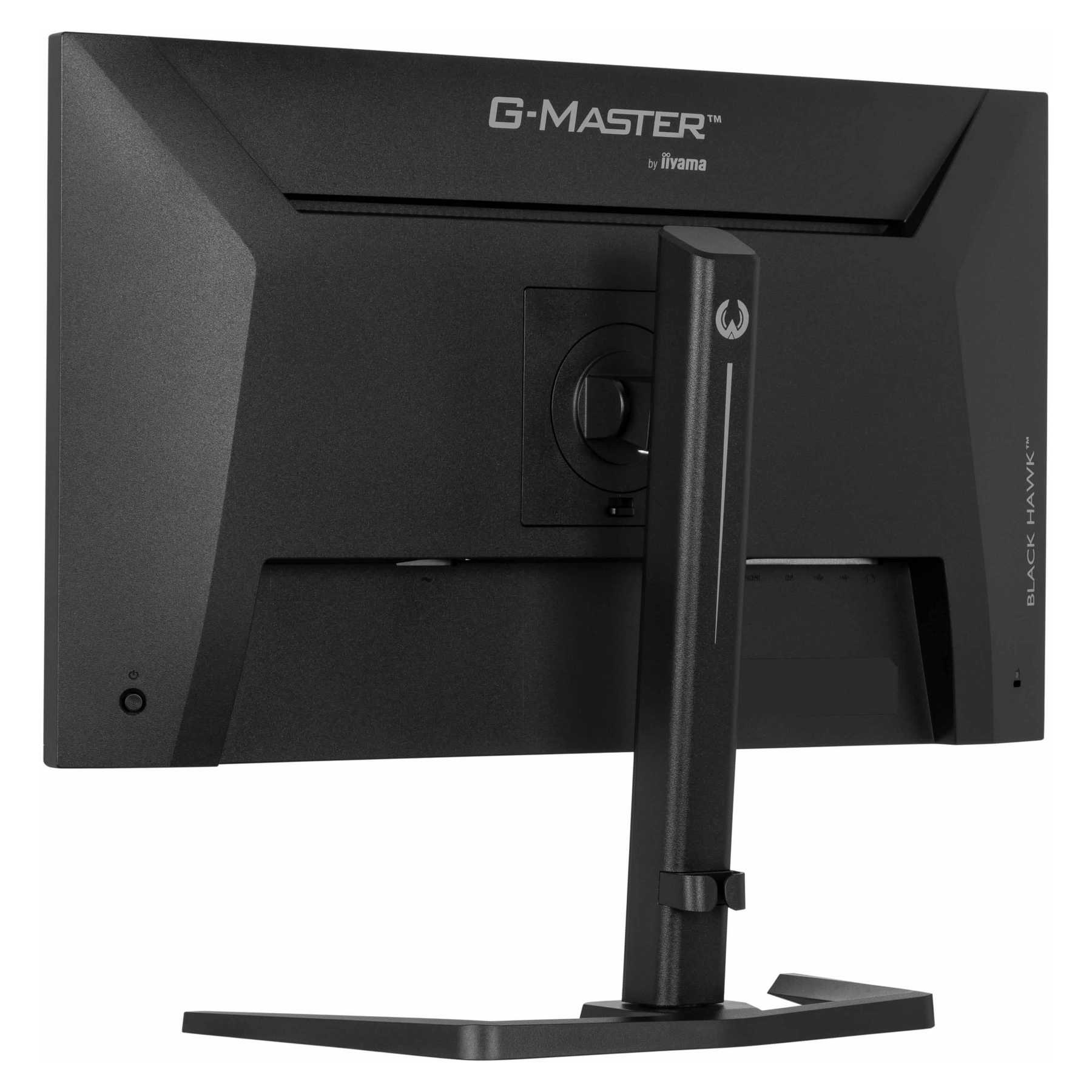 Czarny tył monitora komputerowego ze stojakiem. Tekst mówi G-MASTER, by Iiyama i Black Hawk. Posiada przycisk zasilania.