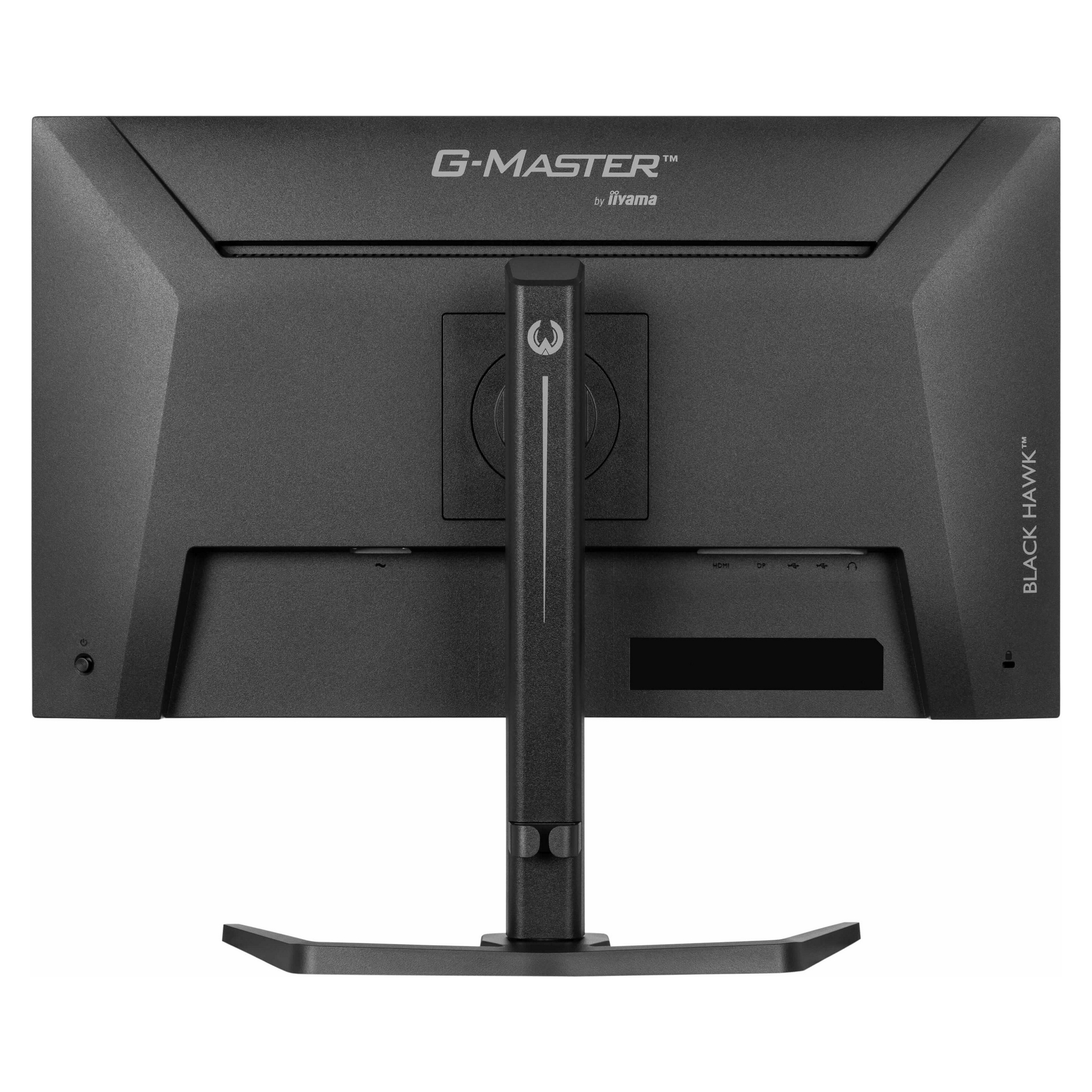 Widok z tyłu czarnego monitora. Marka to G-MASTER by Iiyama, model Black Hawk.