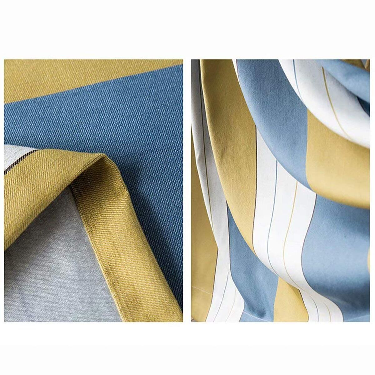 Primo piano di tessuto a righe. I colori includono blu, giallo e bianco. Il tessuto è piegato, mostrando strati e trame.