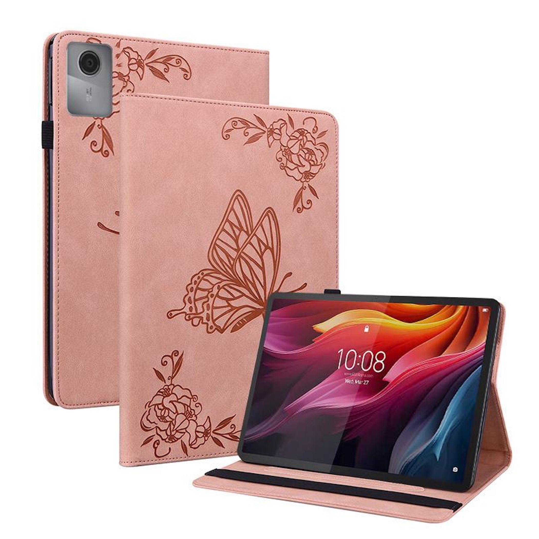 Funda de tableta rosa con diseño de mariposa, flores y una tableta que muestra la hora.