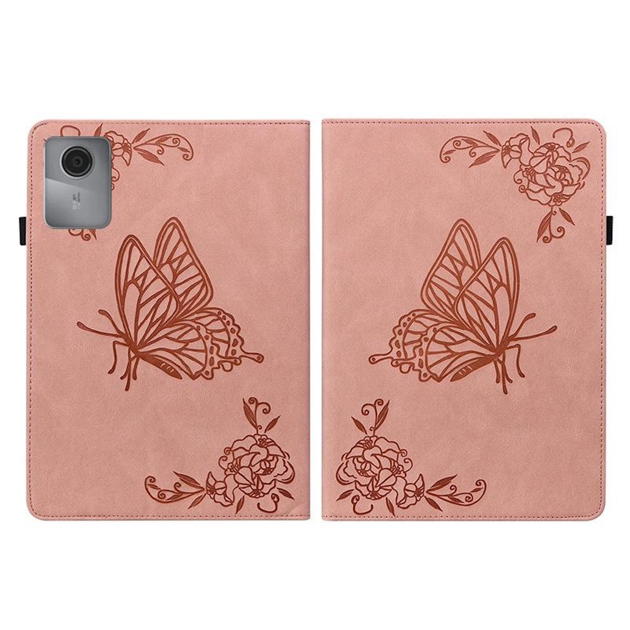 Funda rosa para tableta con patrones de mariposas y flores. Cuenta con una cámara en el lado izquierdo.
